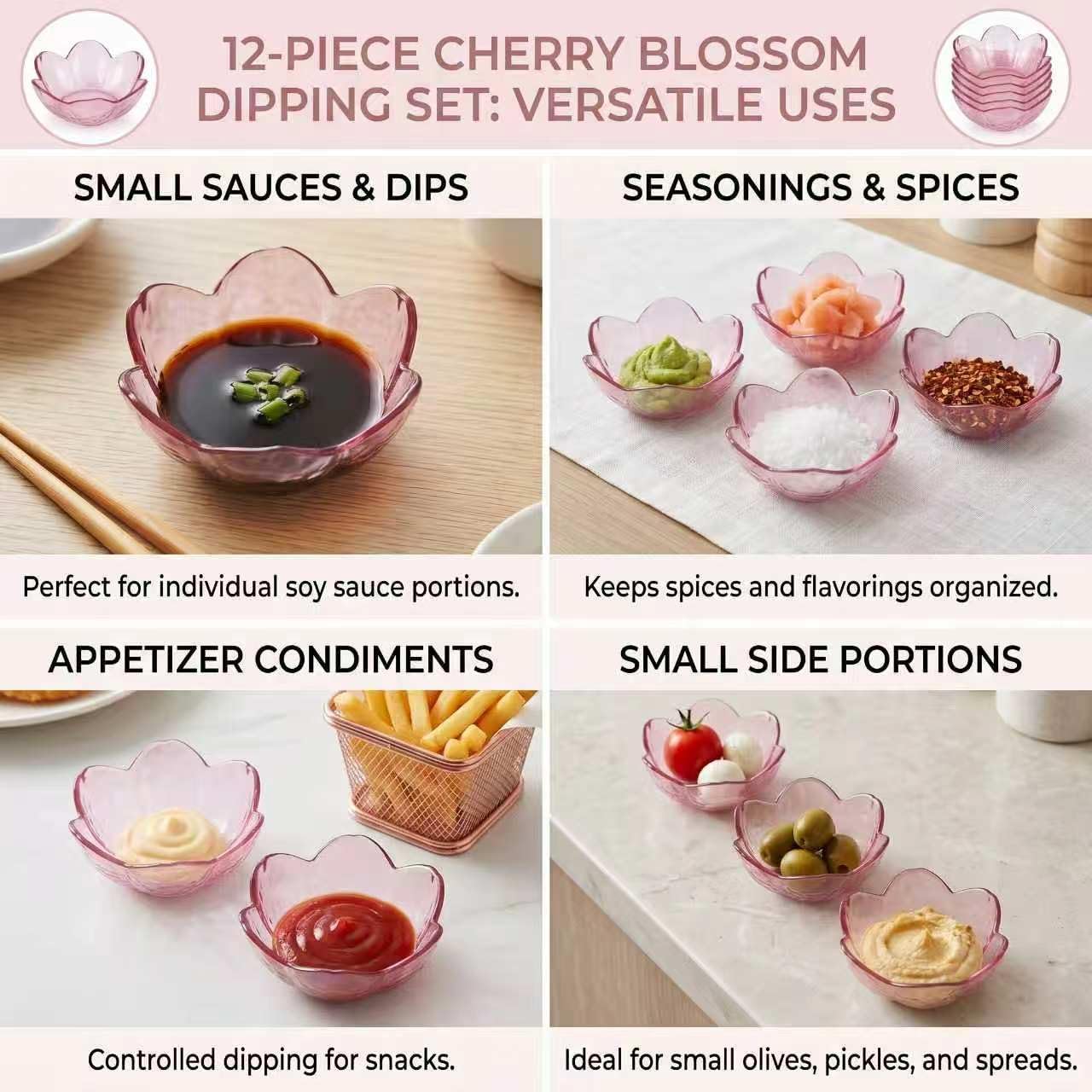 12 Pink Plastic Bowls, 2Oz Small Sakura Dipping Sauce Dish Set
