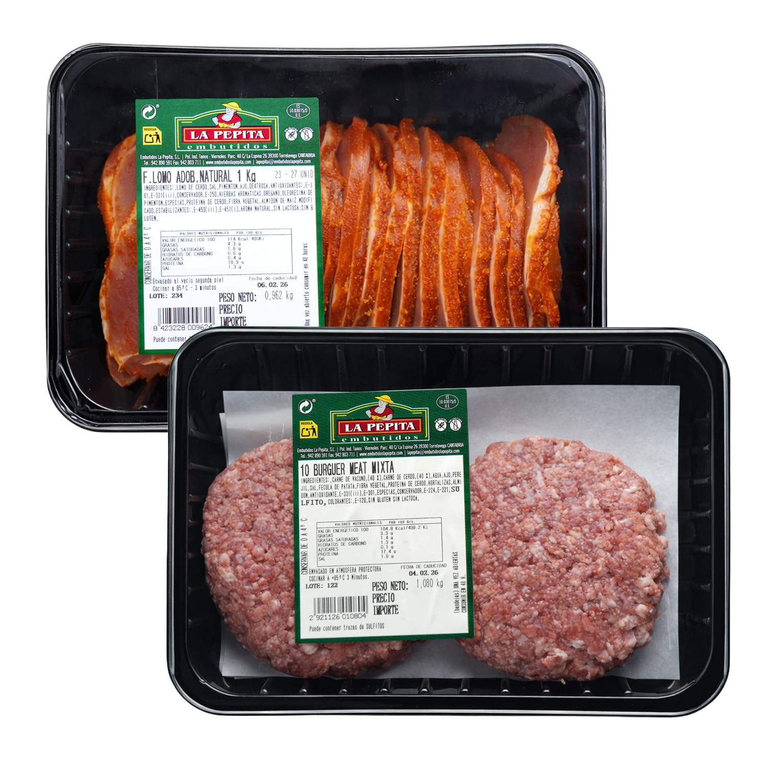 EMBUTIDOS LA PEPITA – Pack Familiar: Lomo Adobado 1,2 kg + Burger Meat Mixta (10 uds.) | Envasado en Atmósfera Protectora | Conservar 0–4 ºC | Cocinar antes de consumir
