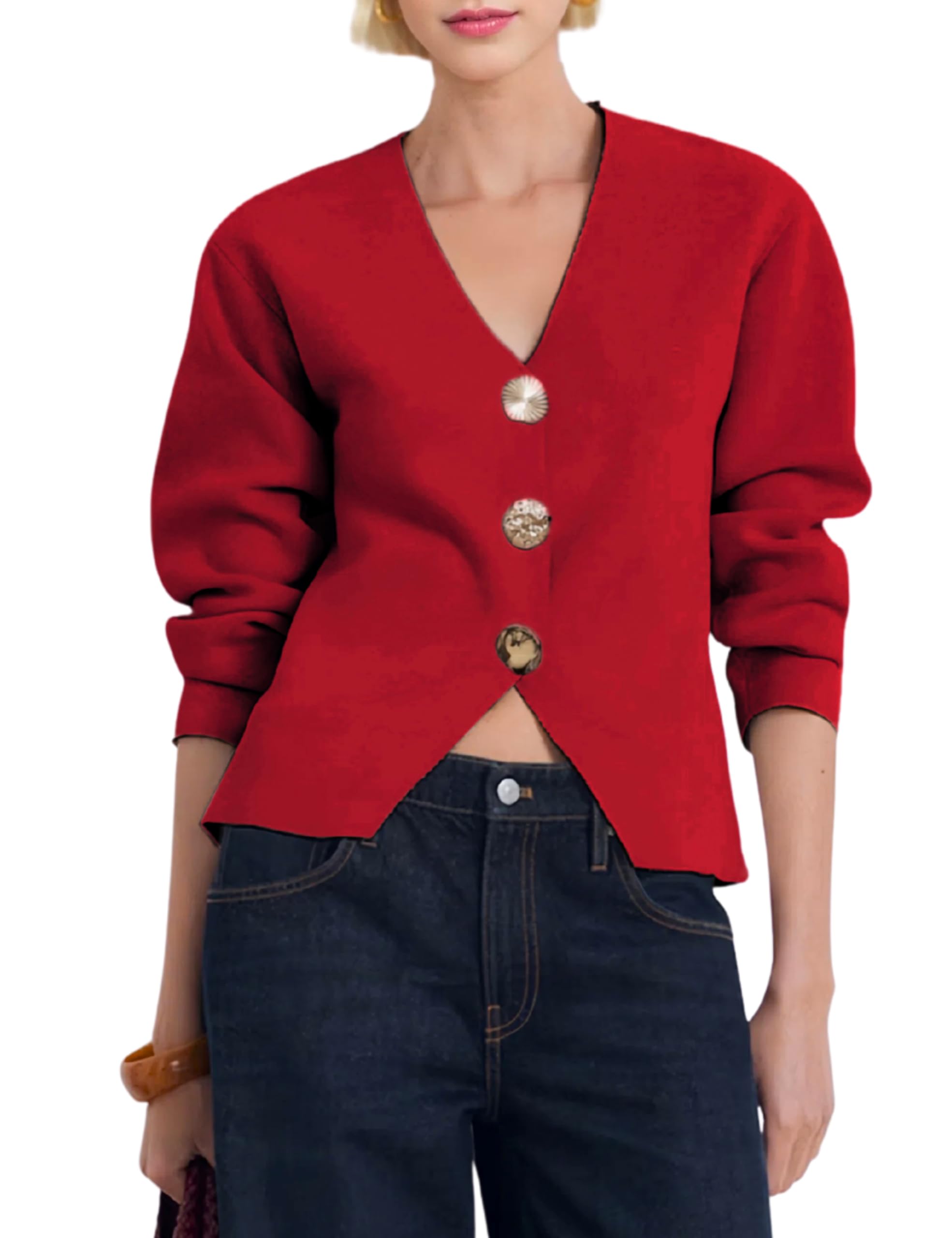 Daacee Cardigan Sweaters for Women V Neck Long Sleeve Gold Button Down Knit Cardigans Tops Outwear