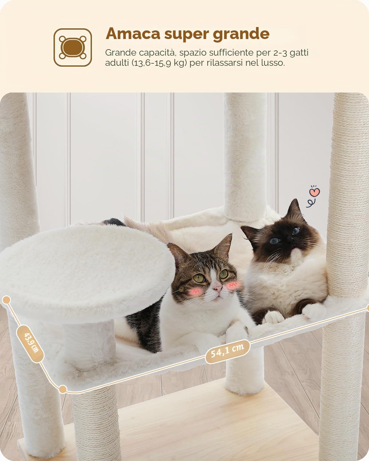 PETEPELA Albero tiragraffi per gatti in legno 143 cm, moderno tiragraffi per gatti con amaca più grande, letto superiore, colonna completa di corda sisal, beige