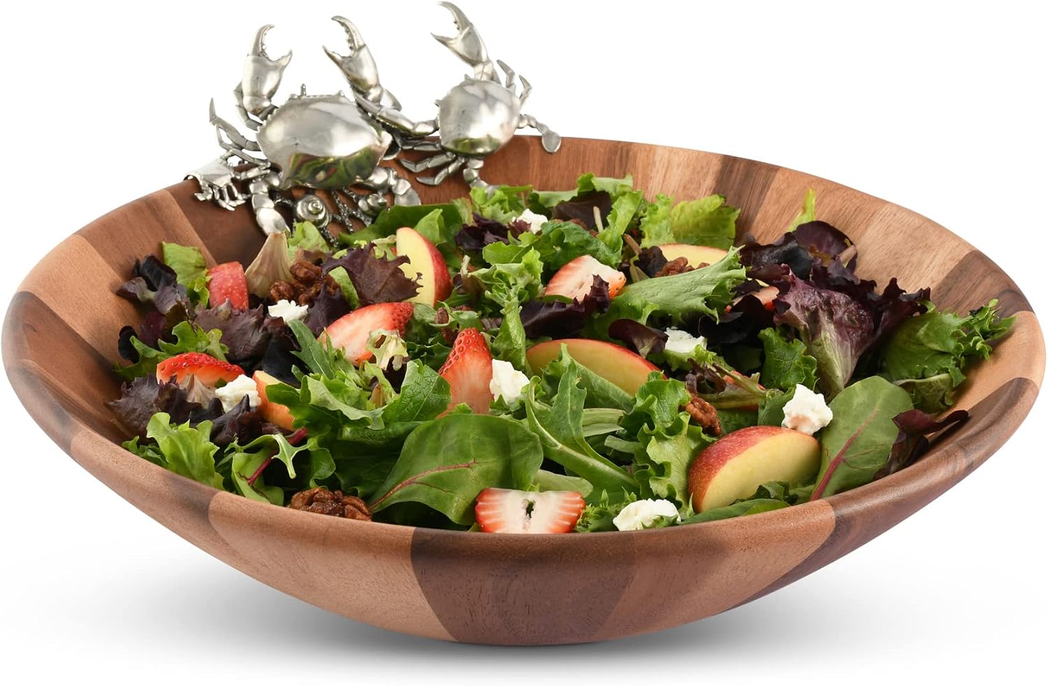 Vagabond House Wood Salad Serving Bowl with Pewter Crab 16 inch Diameter x 4.5 inch Tall