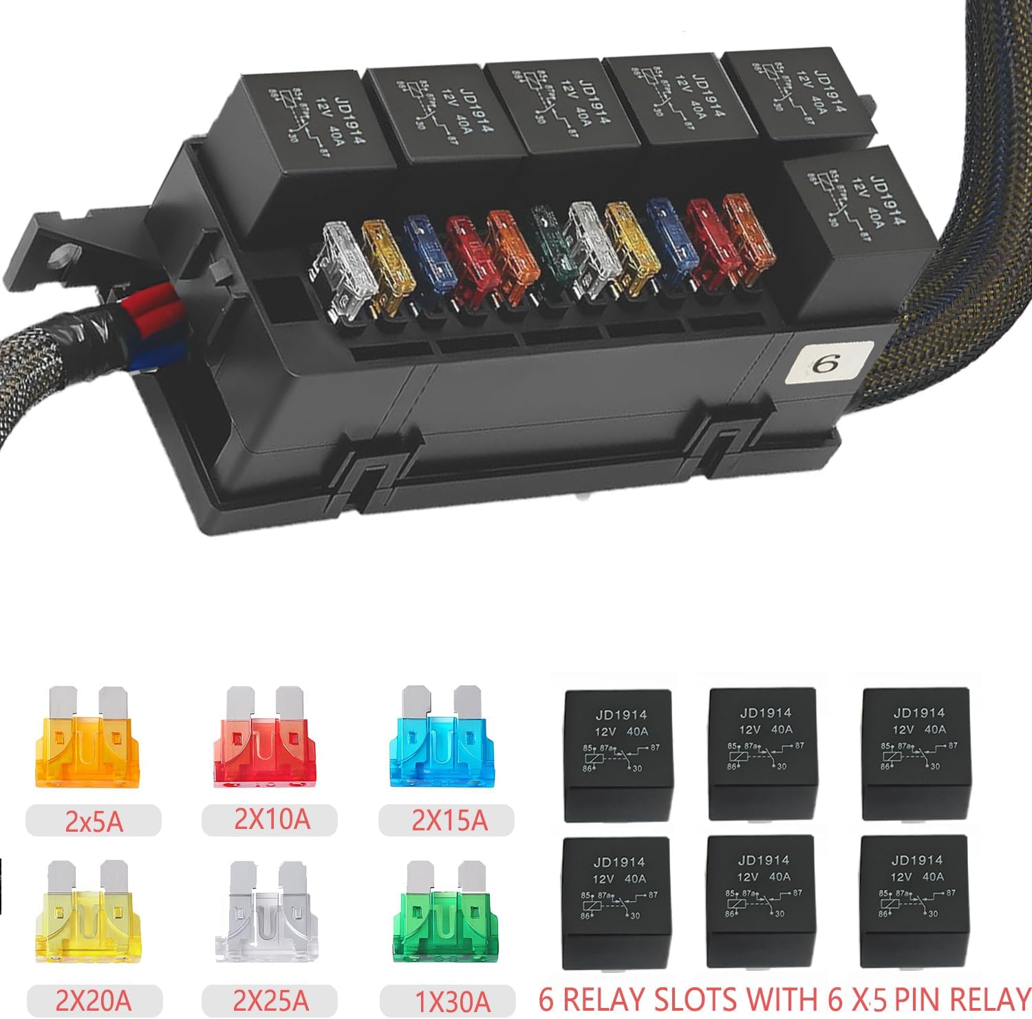 12V Fuse Relay Box,Pre-Wired Auto Replacement Fuse Holders with 11 Way ATC/ATO Blade Fuses and 6 Slot 5 Pin JD1914 40A Relays,12V Relay Fuse Block for Car Boat Truck Marine.