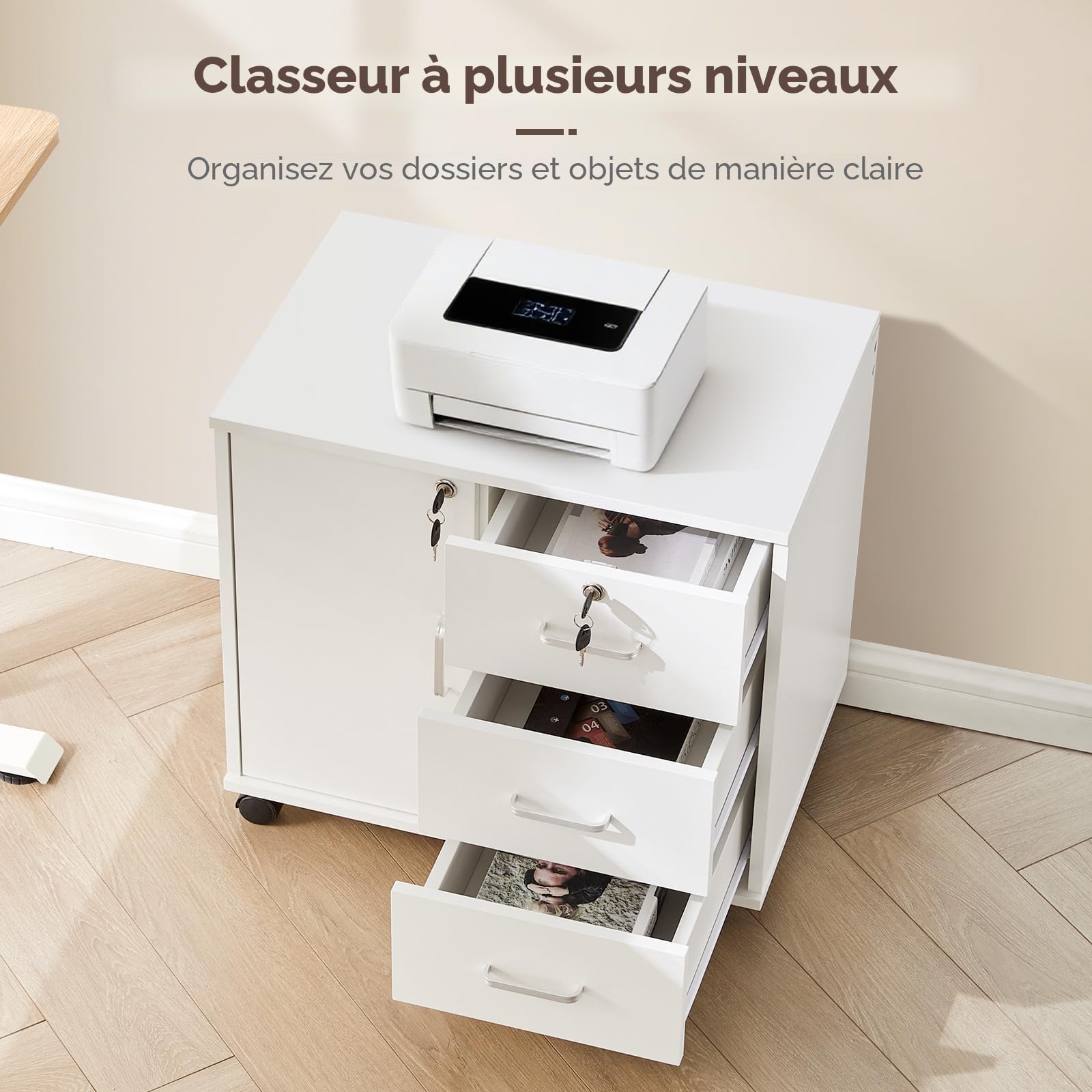 TUKAILAi Caisson de Bureau Mobile à 4 Tiroirs, Support Imprimante Mobile Classeur avec roulettes, Armoires de Rangement 2 Tiroirs Verrouillable, Format A4 Dossiers Suspendus (Blanc)