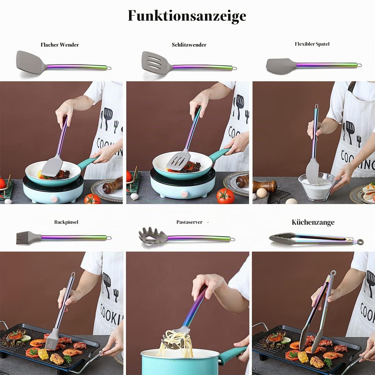 38 Teiliges Silikon-Kochgeschirr-Set mit Utensilien-Töpfen, Silikonkopf und Edelstahlgriff Kochgeschirr, Küchenhelfer, Antihaft-Küchenhelfer, Spülmaschinenfest (Regenbogen)