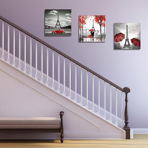 Miniatura 3 de LZIMU París - Lienzo decorativo para pared, 3 piezas, pareja negra y roja con paraguas, coche, Torre Eiffel, pintura al óleo, imagen romántica,