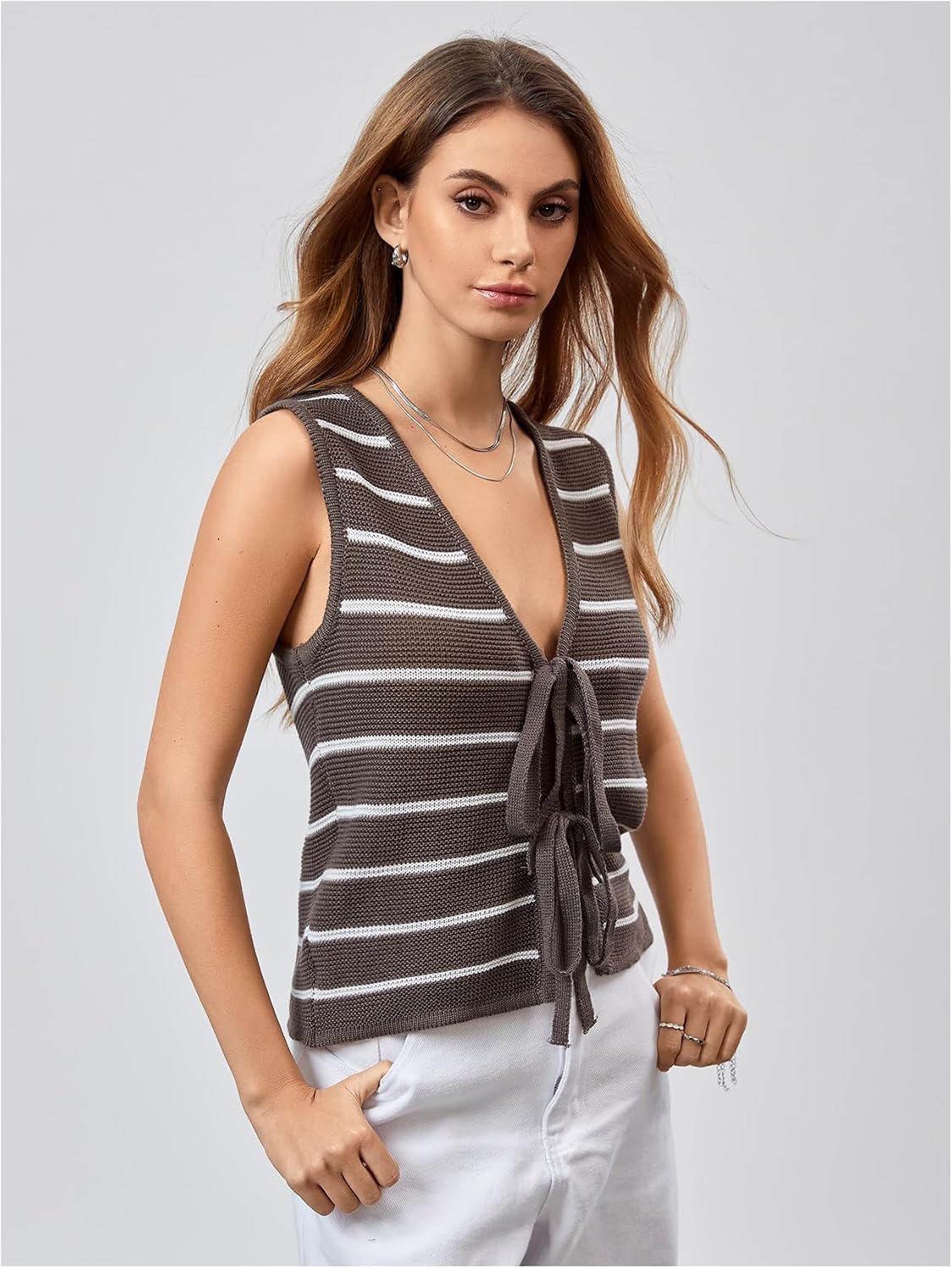 RoseSeek Women's Bow Tie Front Striped Sweater Vest V Neck Sleeveless Knit Vests