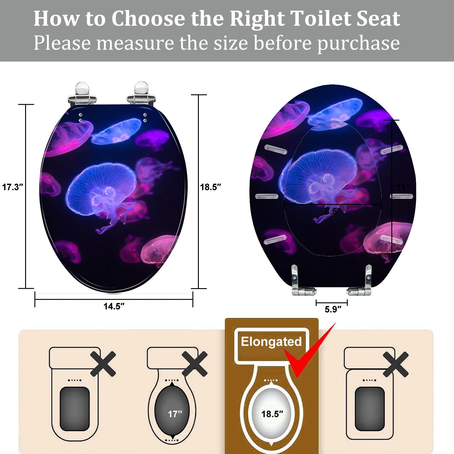 Asiento de inodoro alargado de resina para uso en el baño.