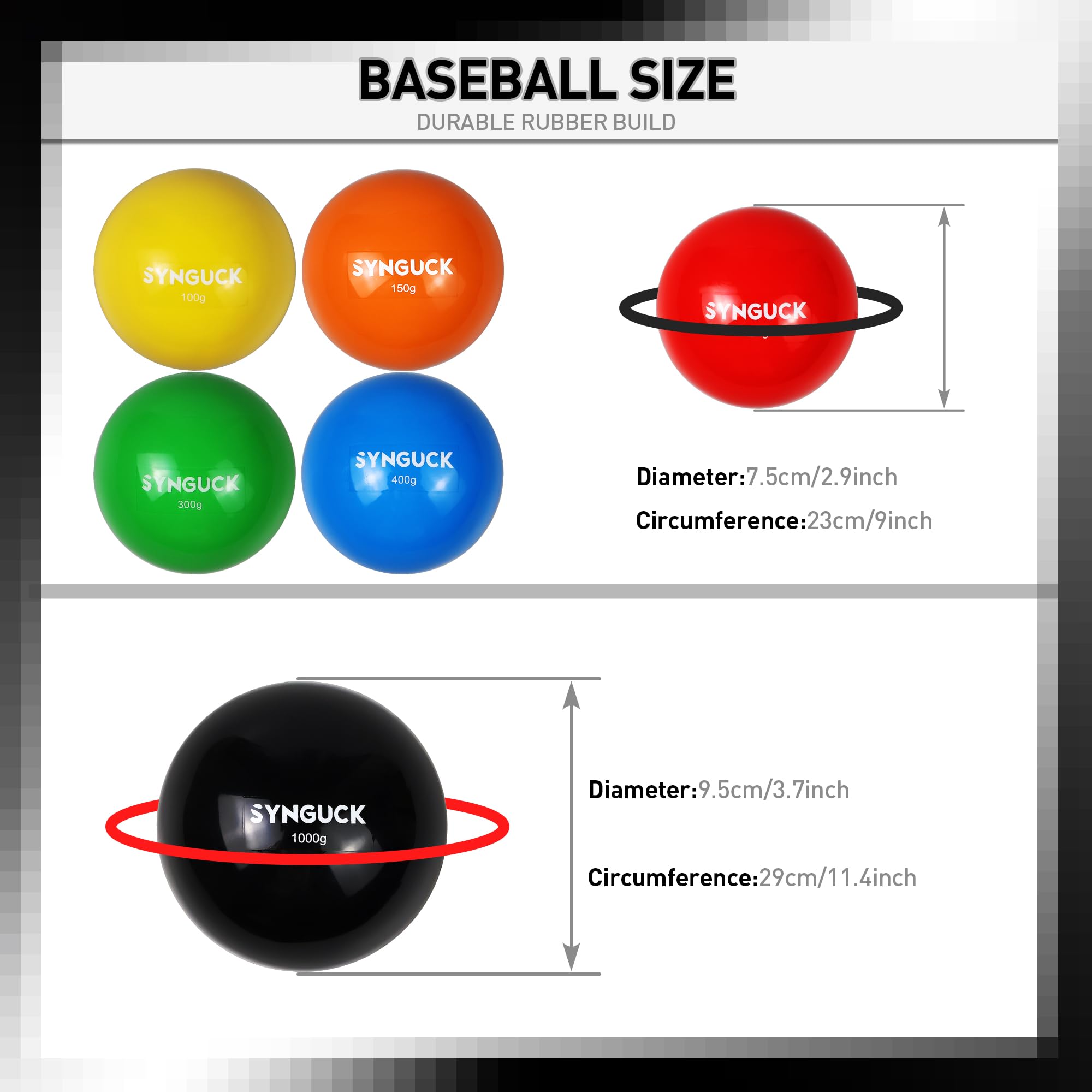 SYNGUCK Juego de 6 Pelotas pliométricas con Peso para Entrenamiento de béisbol y sóftbol (3.5/5.3/7.9/10.6/14/35 onzas) Pelotas de béisbol de Peso Variable para Mejorar la Potencia y el Entrenamiento
