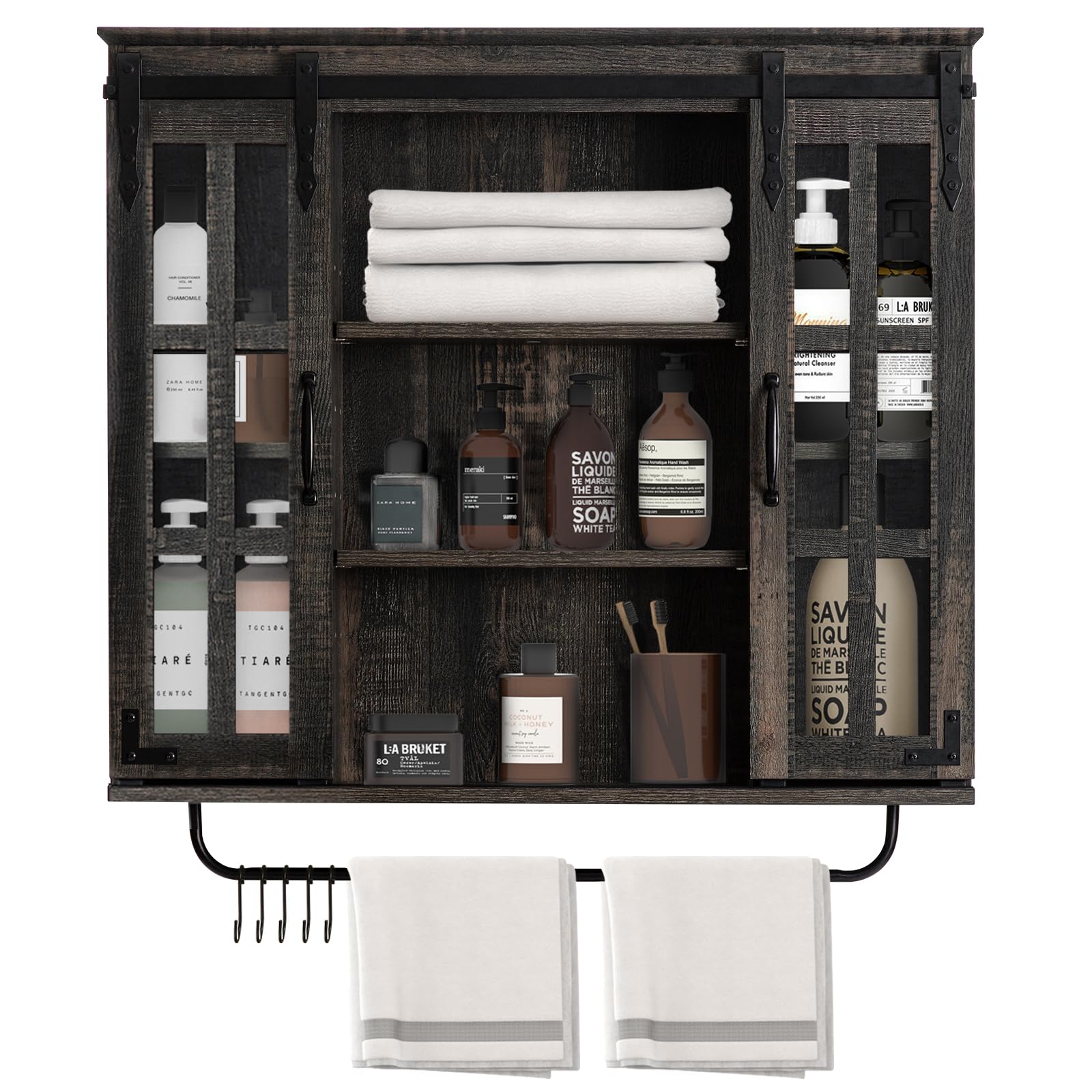 RUSTOWN Farmhouse Bathroom Cabinet Wall Mounted, Rustic Wood Wall Cabinet with Two Sliding Glass Doors and Adjustable Shelf, 3-Tier Vintage Wooden Storage Cabinet for Bathroom(Dark Oak)