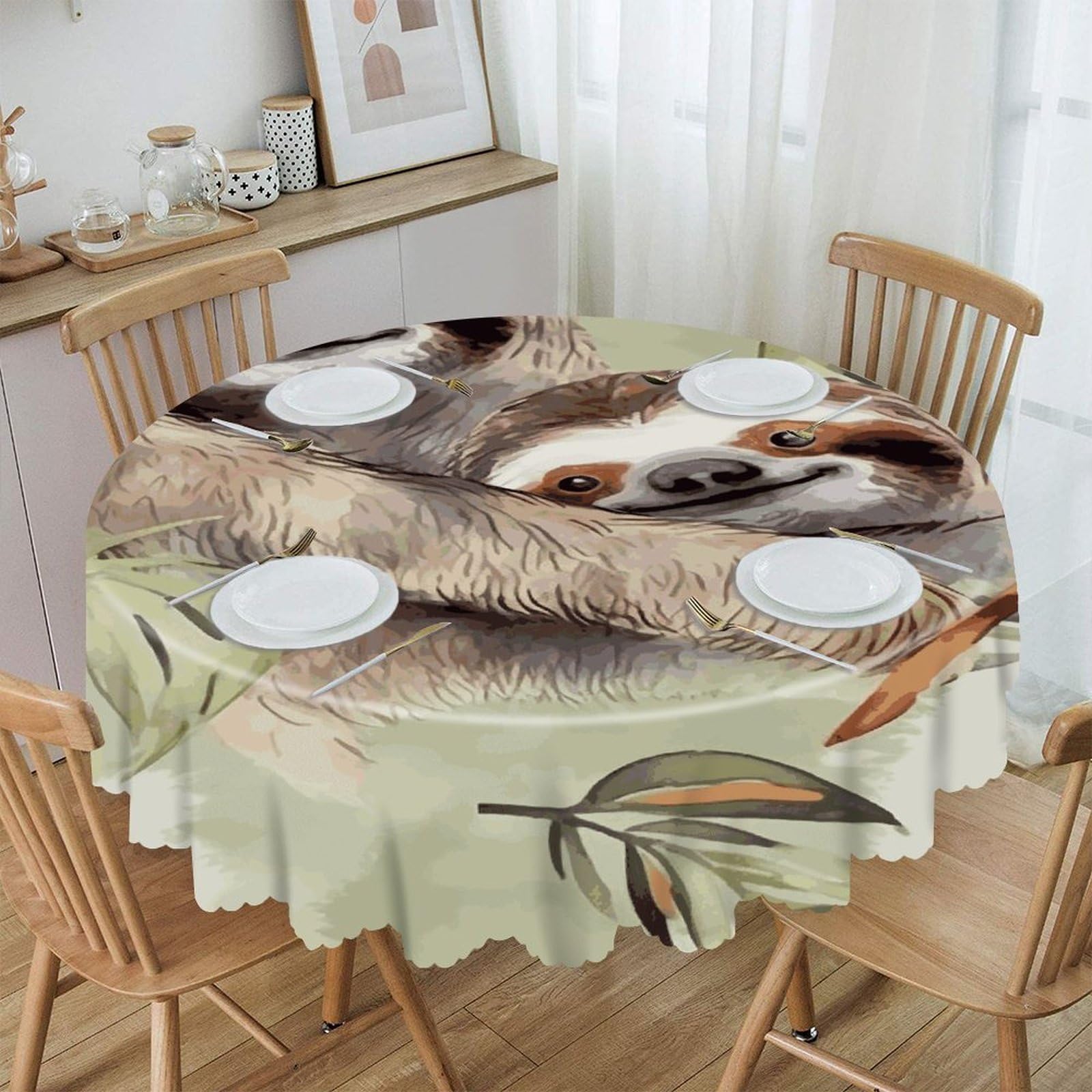 VstaDank Watercolor Sloth Round Tablecloth 60 Inch Easy to Clean Circle Table Cover Thick Decorative Round Polyester Table Cloth for Dining Kitchen Party Farmhouse Outdoor