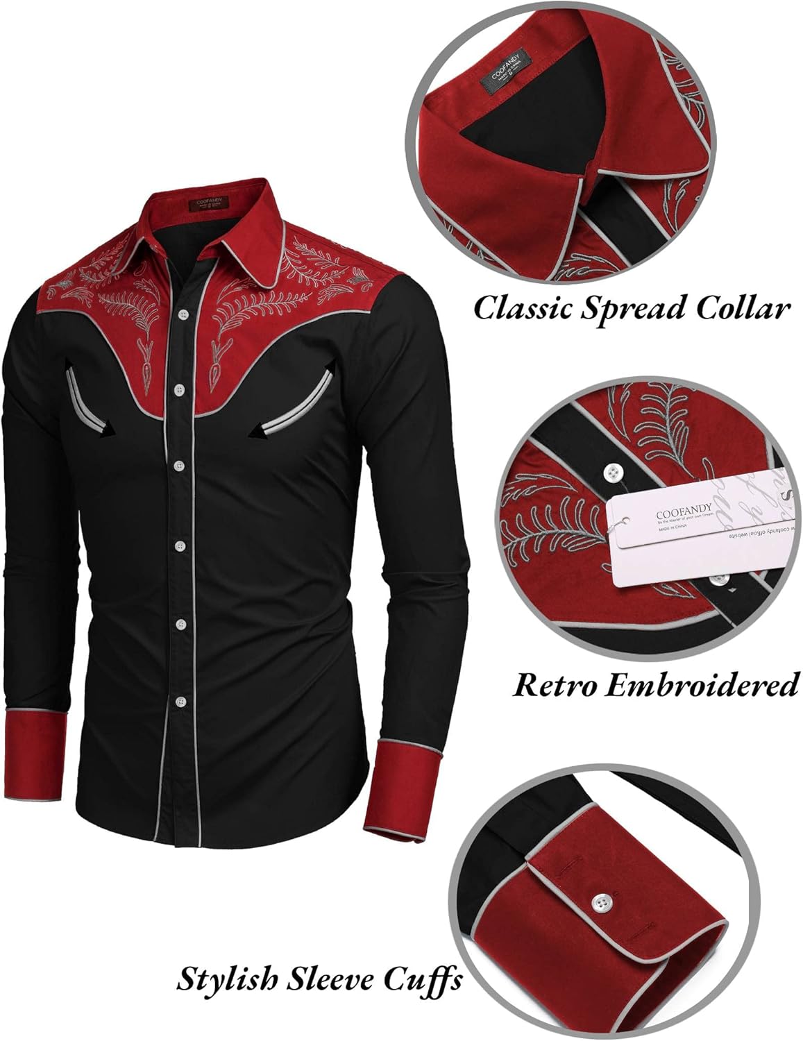 COOFANDY Men's Western Cowboy Shirt Casual Long Sleeve Button Down Cotton Shirts X-Large Cotton - Red & Black