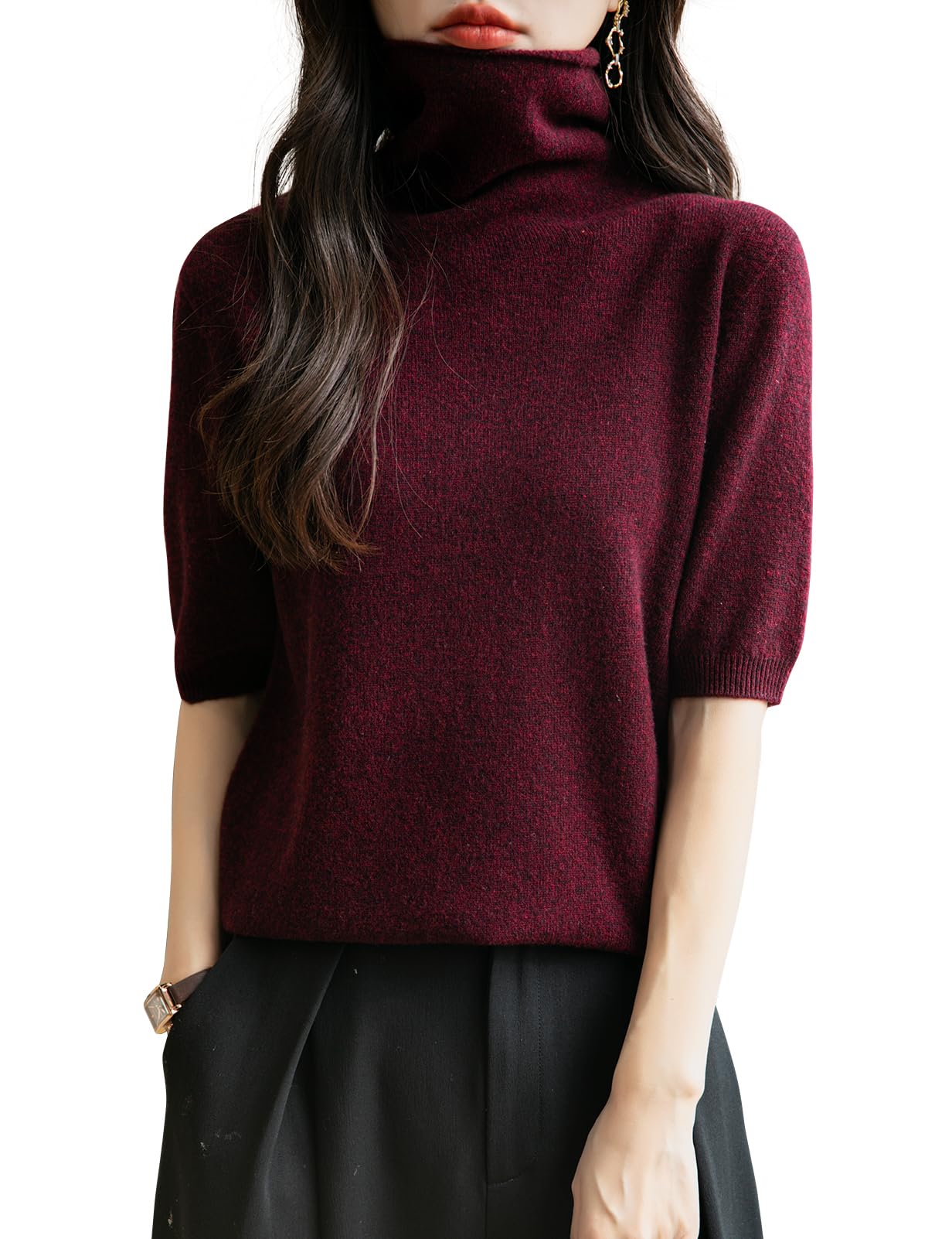 Chanyarn Womens Turtleneck 100 Merino Wool Spring Fall Winter First-Line Ready to Wear Seamless Knit Short Sleeve Sweater