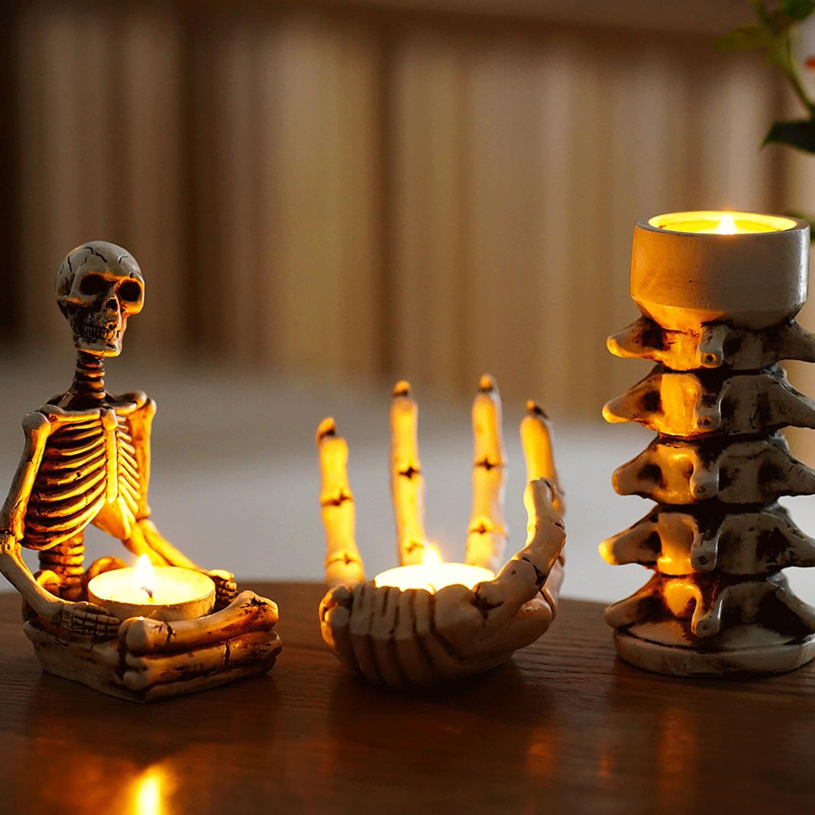 Zestaw 3 świeczników na Halloween, szkielet, czaszka, ręka, kręgosłup, świecznik, stojak gotycki, dekoracja nowego domu, prezent