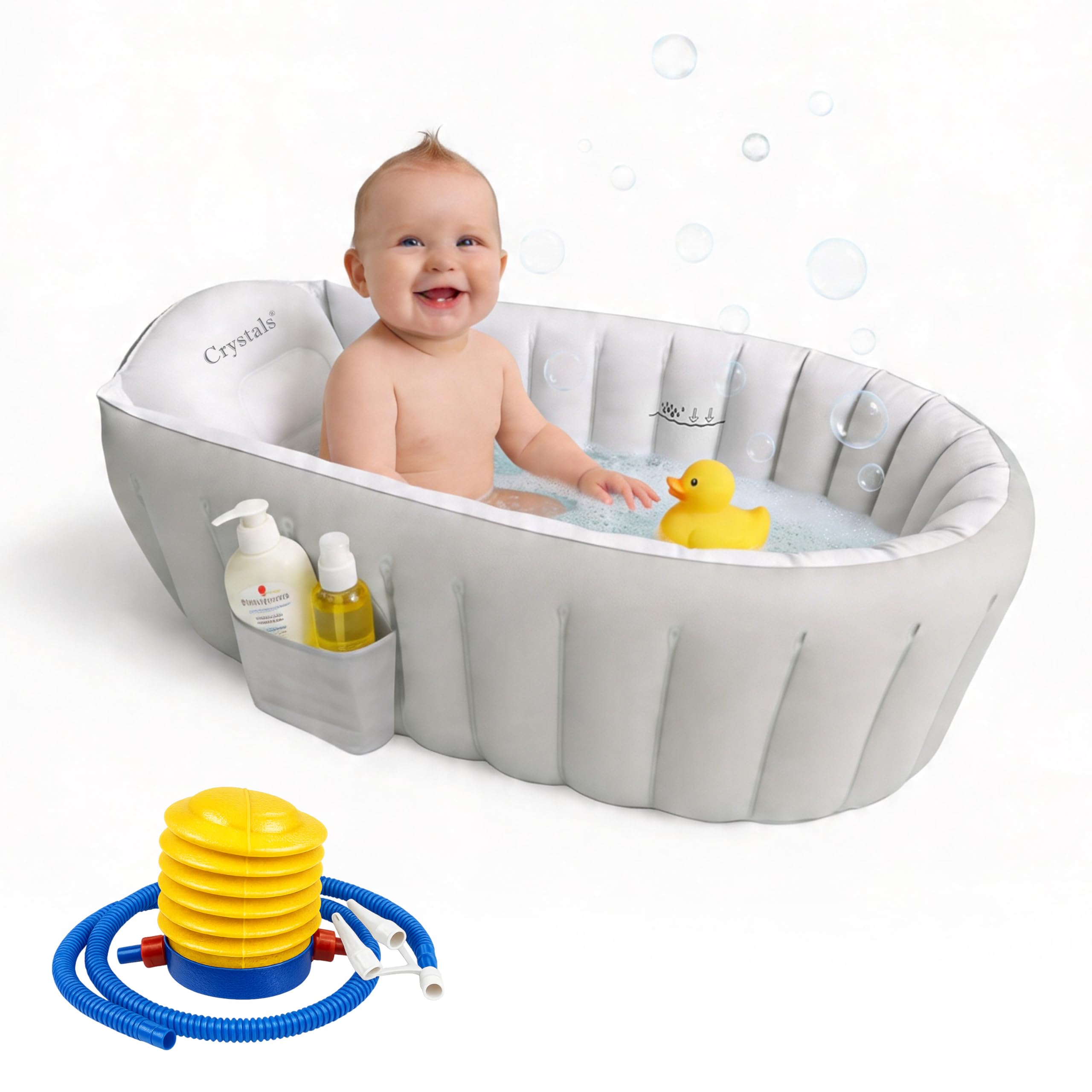 Crystals Inflatable Baby Bath Tub – Portable Newborn Bath Essentials, Foldable Travel Baby Bathtub with Soft Cushioned Base, Non-Slip Design, Easy Drain & Quick Inflate for Safe Comfortable Bathing
