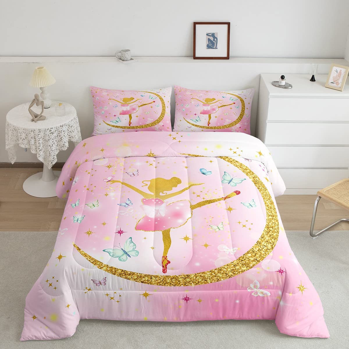 Set di biancheria dada balletto per e, ballerino, piumino, set da palestra, ginnastica, piumino, set Trapunta con brillantini, con farfalle, ultra morbido, colore: rosa, 3 pezzi