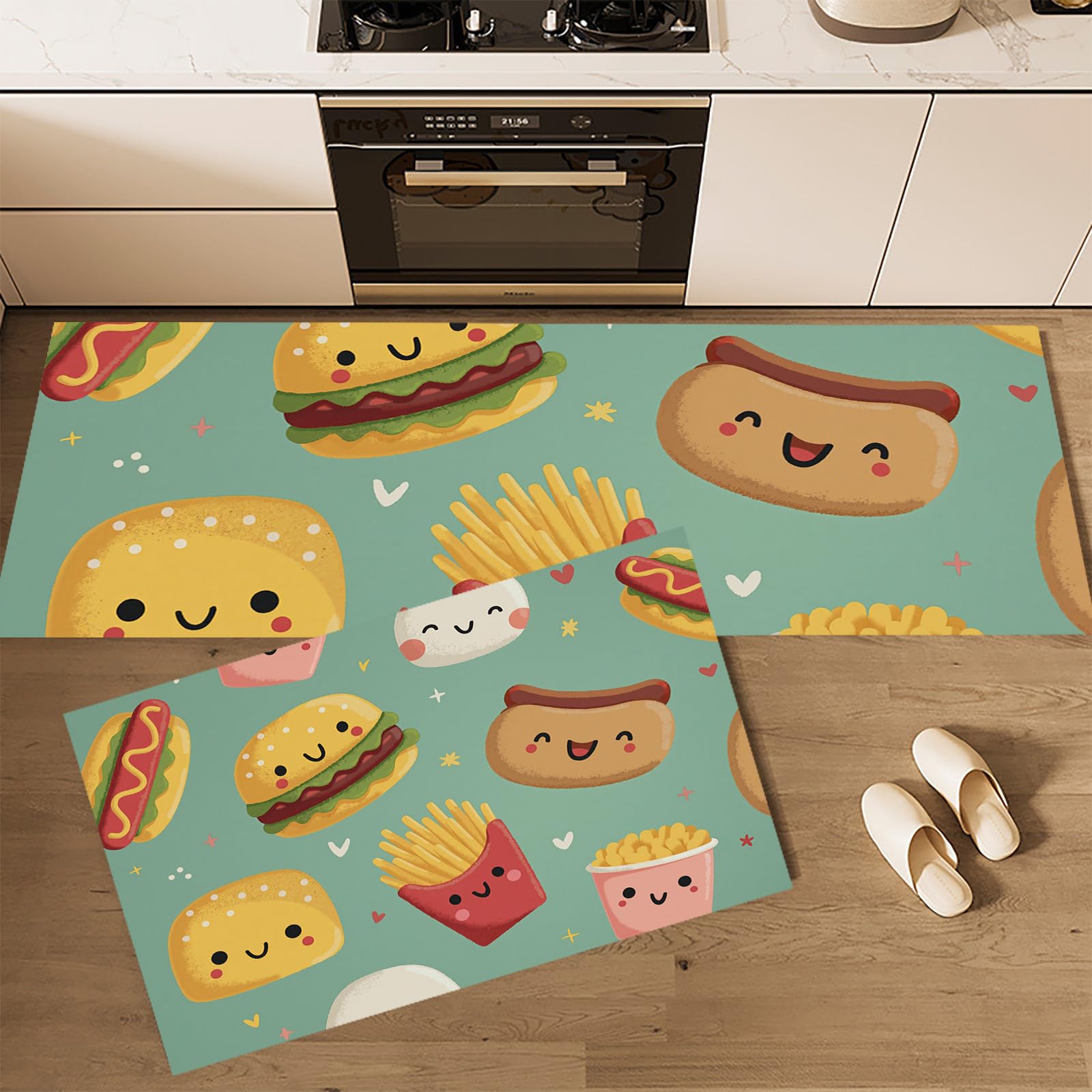 Tapetes de cocina de dos piezas con estampado de comida rápida y base de seguridad