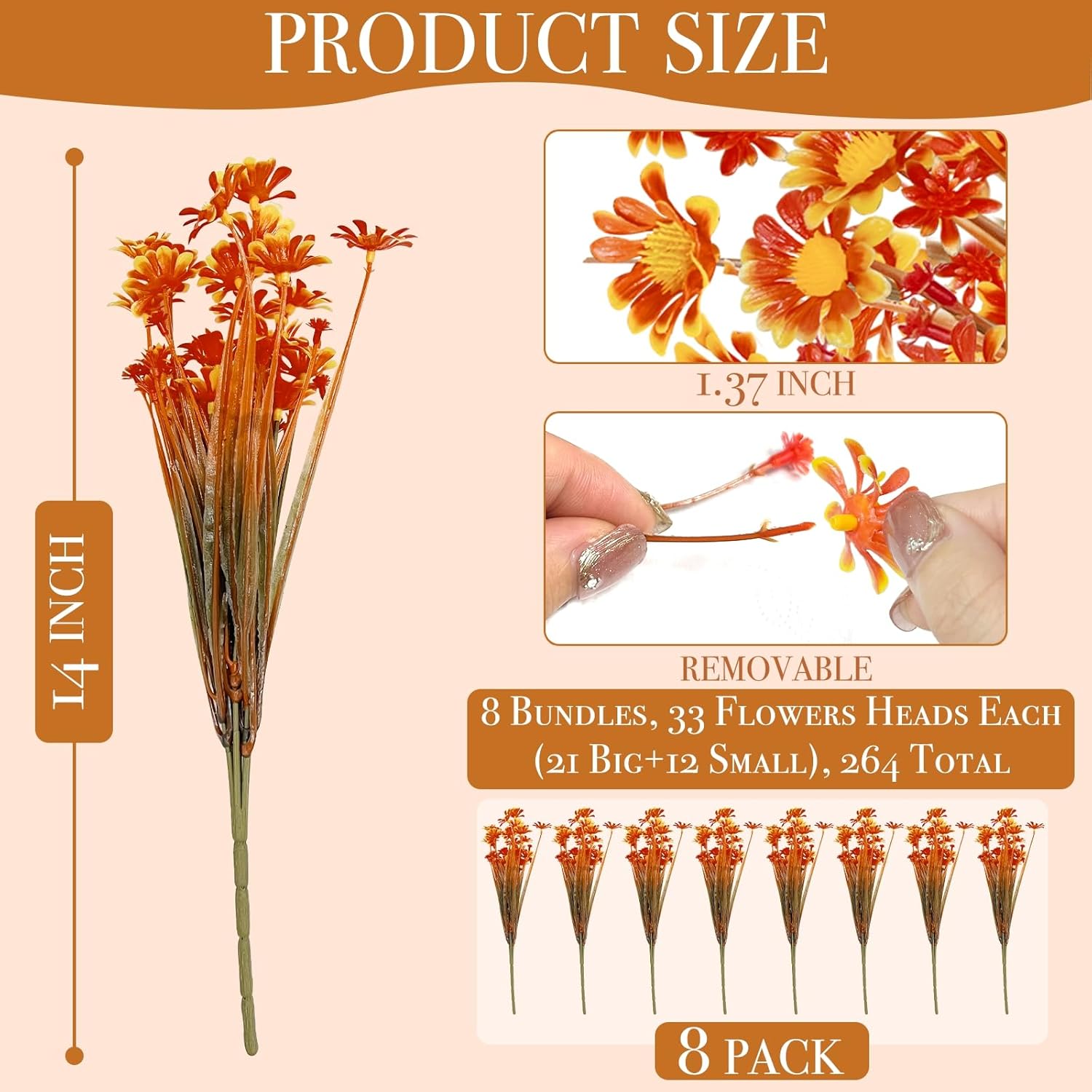 8 Bundles Artificial Daisy Flowers for Outdoors Spring Decor, UV Resistant Faux Cemetery Flowers Plastic Greenery Shrub Fake Flowers Plants Home Gardens Porch Planter Indoor Summer Fall Decor(Orange) - Image 2