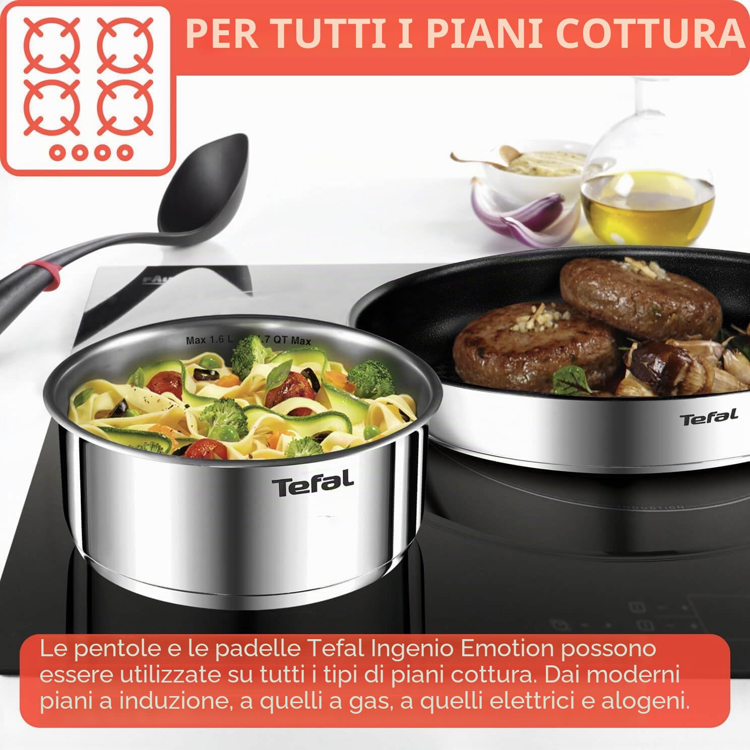 Tefal Ingenio - Set di pentole 20 padelle 2 maniglie rimovibili, induzione, rivestimento antiaderente, impilabile, compatibile con lavastoviglie, Emotion L897SK04