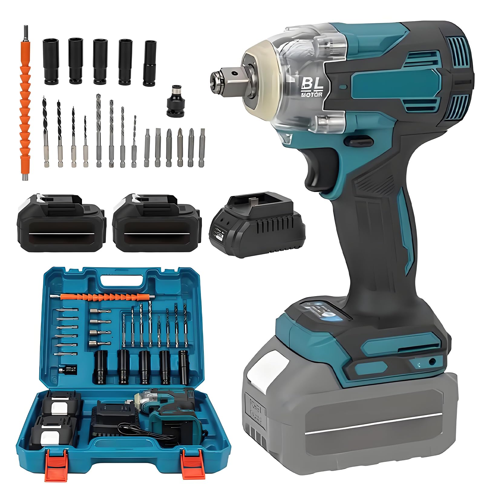 1200 N.m Clé à Choc Sans Fil Brushless avec Deux 3.0Ah batteries,1/2" visseuse a choc Électrique pour la voiture et la Maison,avec 5 Douilles à Chocs