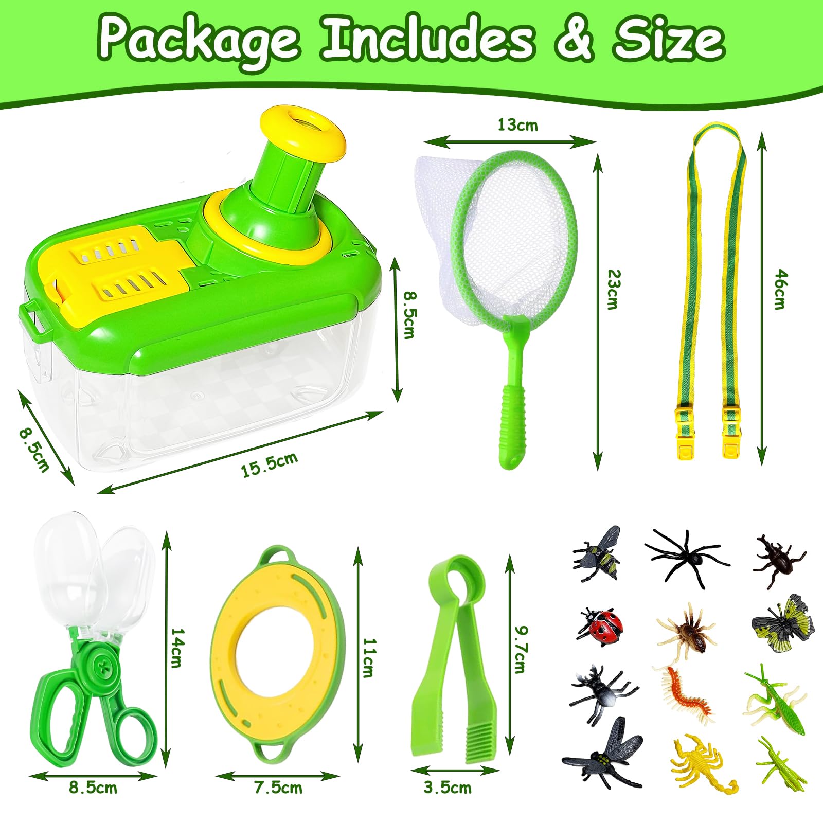 Kit de Explorador para Niños, Caixa para Insectos Cor de Verde, Rotatorio Lupa, Red de Mariposas, Pinzas, 12 Insectos Juguete, Juegos Aire Libre, Regalo de Cumpleaños para 3 4 5 6 Año