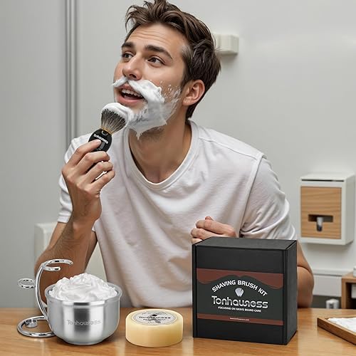 Miniatura 6 de Kit de brochas de afeitar para hombres, juego de brochas de afeitar 4 en 1, incluye brocha de afeitar de pelo de tejón, cuenco de afeitar de acero