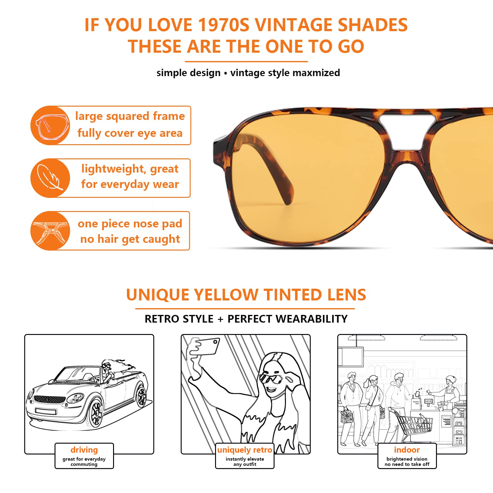 Xpectrum Big 70er Jahre Retro inspirierte klare gelbe Sonnenbrille für Herren und Damen, coole getönte Vintage-Sonnenbrille