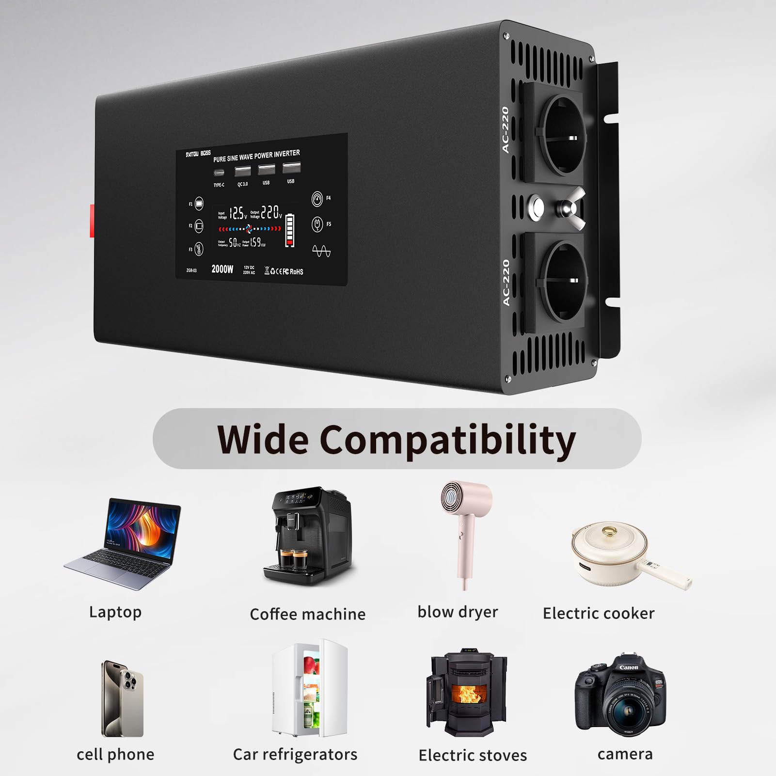 DATOUBOSS Power Inverter 12v 220v Onda Pura 2000W/4000W Inverter Convertitore con Telecomando 2 Prese EU, 2 Porta USB, QC3.0, Type-C e Display LCD per Auto,Camion, Camper