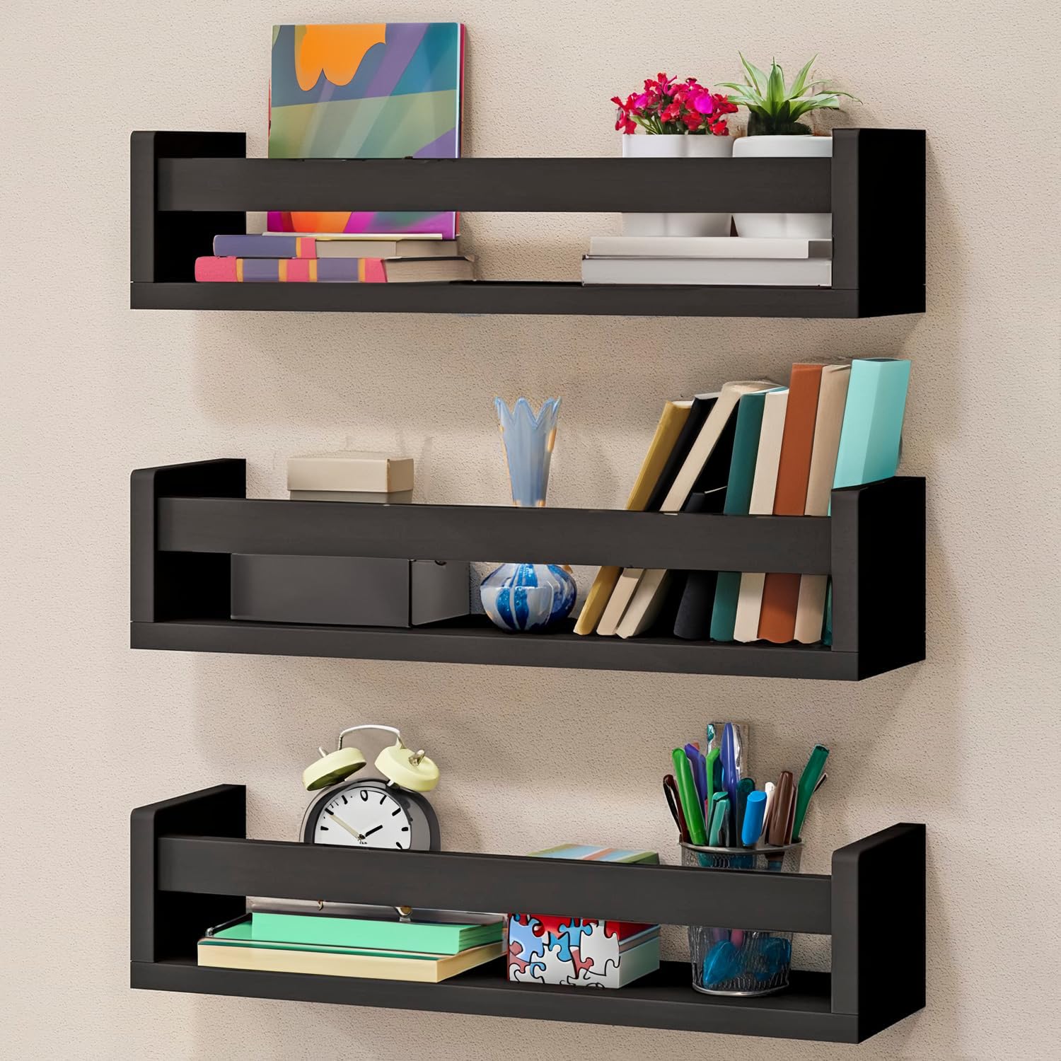 Dime Store Engineered Wood Floating Wall Shelf Set of 3 Wall Rack Shelf Decor for Wall Display Rack Storage Organizer for Living Room Kitchen Bedroom (Black)-image-40