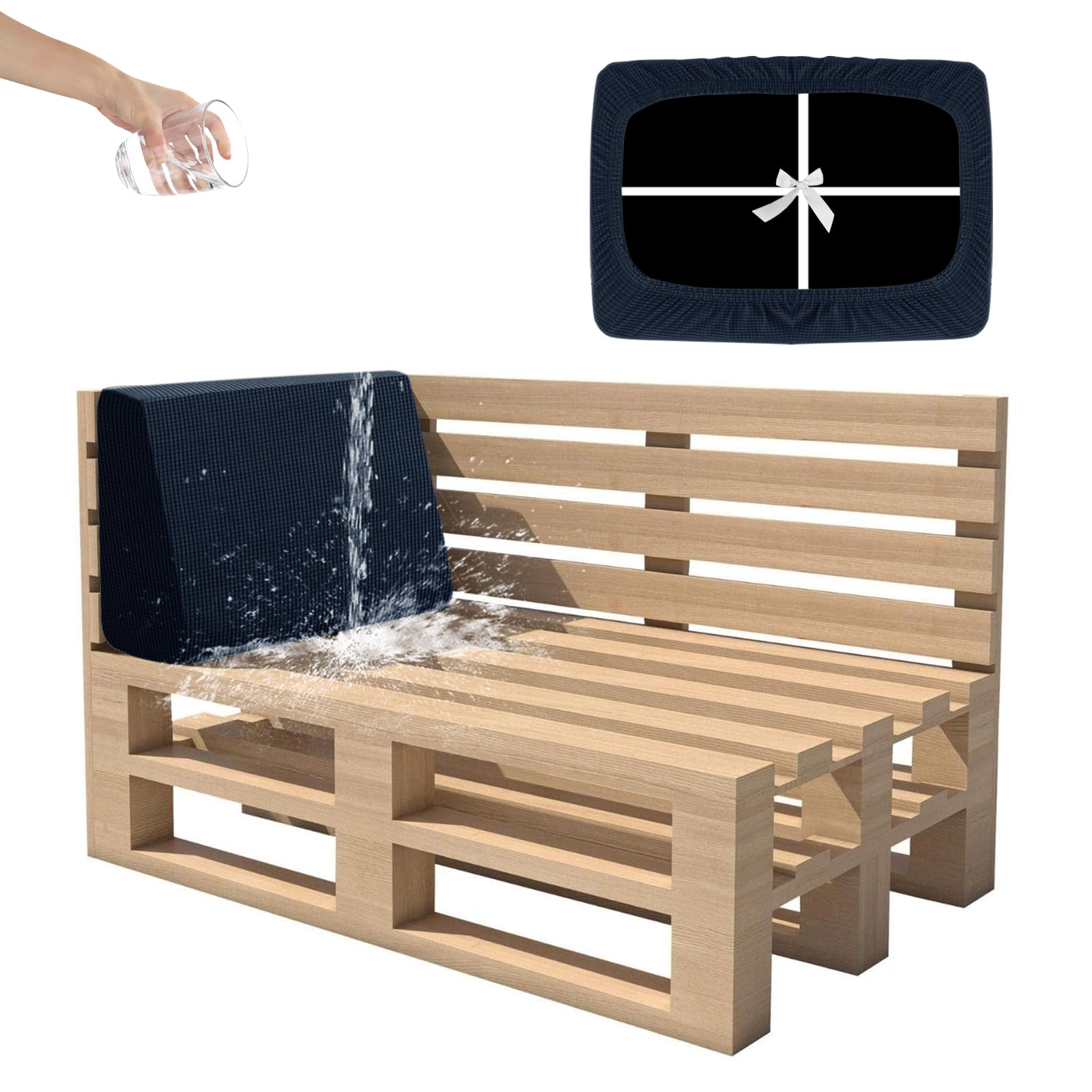 SYLC Waterproof Pallet Cushions Covers, Stretch Cover for Pallet Furniture Cushions with 4 Ties, Outdoor Corner Sofa Covers for Rattan Patio Garden Caravan (Navy,Corner Back 60×40×10/20)