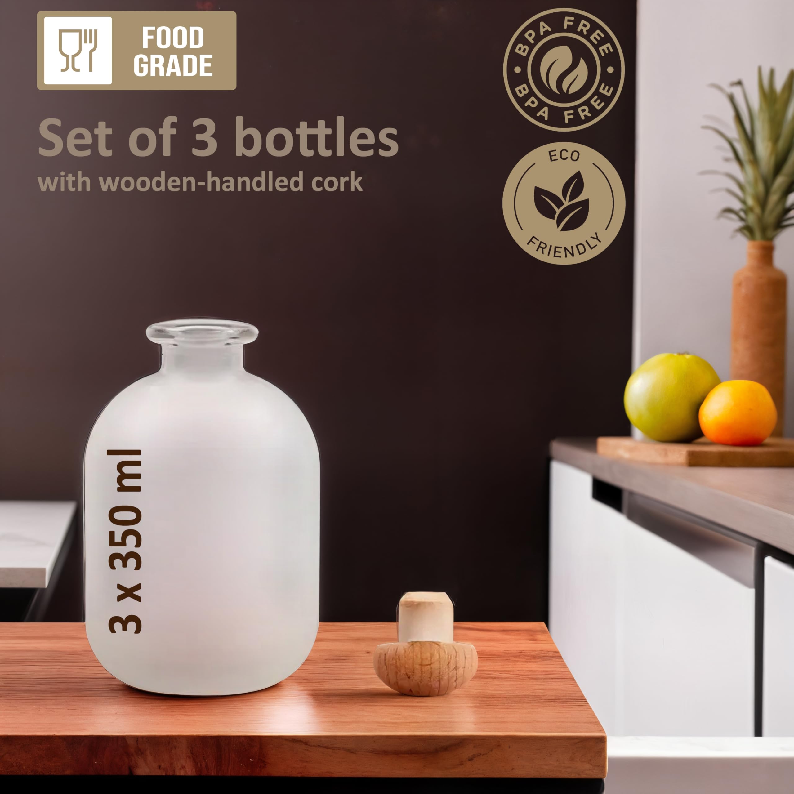 gouveo 3er Set Glasflasche 350 ml Arctic mit Korken (HGK) - Gefrostete Design-Flasche 0,35l aus Glas mit Stopfen - Runde Flasche für Likör, Whisky, Cognac, Rum (FARM350HGK)
