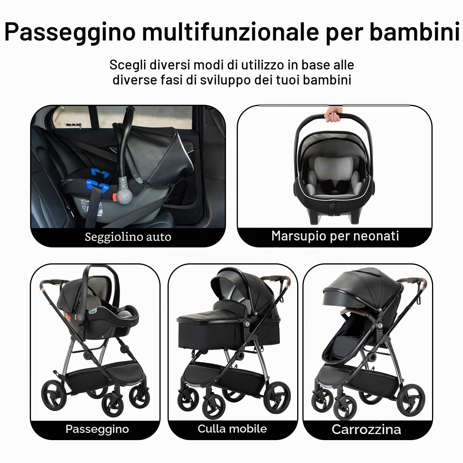 Cuoi Passeggino Combinato 3 in 1, Passeggini Cittadini Con Seggiolino Auto ECE R129, Passeggino Portatile Pieghevole In Un Clicco, Navicella Flessibile Convertibile Telaio In Alluminio Per