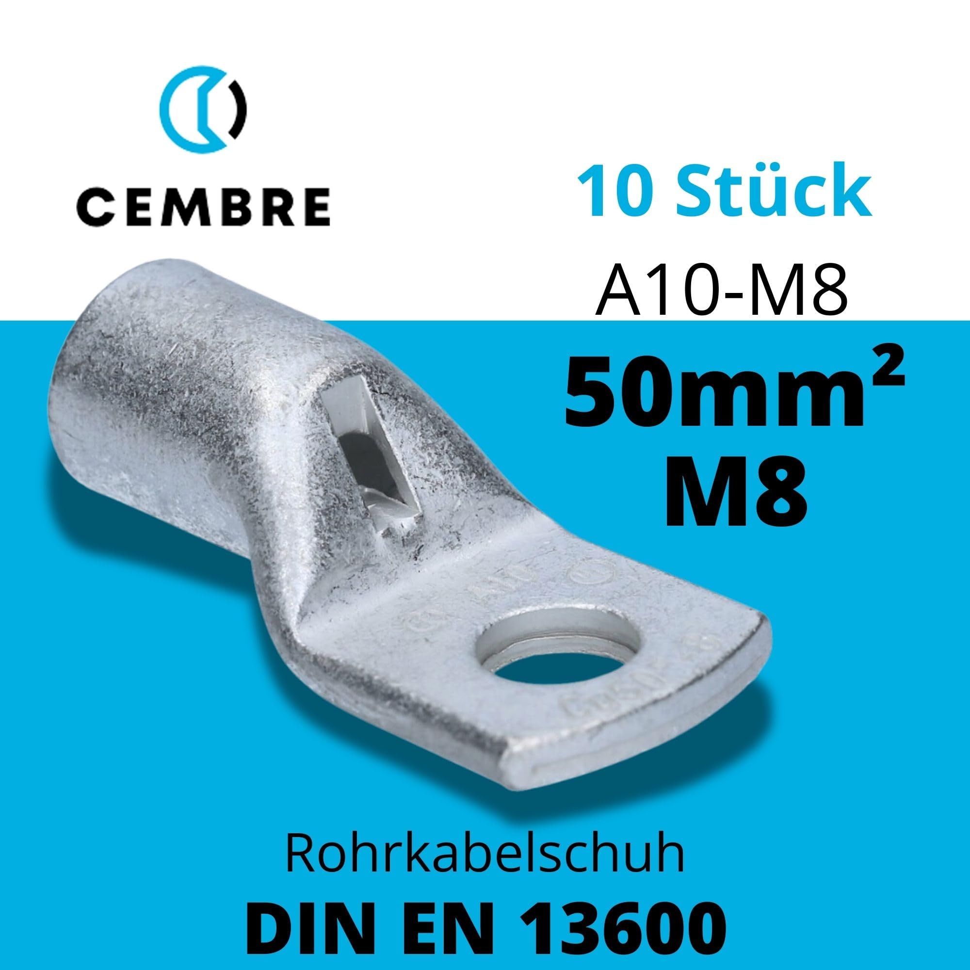 Cembre A10-M8 Lot de 10 Cosses Tubulaires en Cuivre Étamé 50 mm² | Connecteurs à sertir unisoliert pour câbles électriques, œillet M8, haute conductivité, idéal auto et maison.