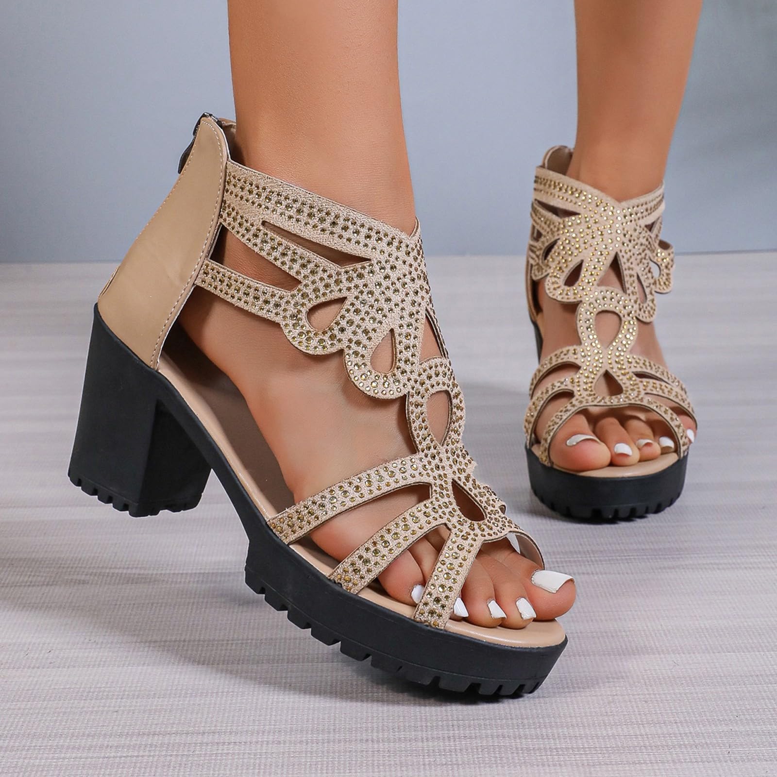 Sandali Donna Estivi Plateau Sandali con Zeppa con tacco e cerniera posteriore da donna grandi dimensioni stile estero bocca di pesce Borchie Scarpe Estivi
