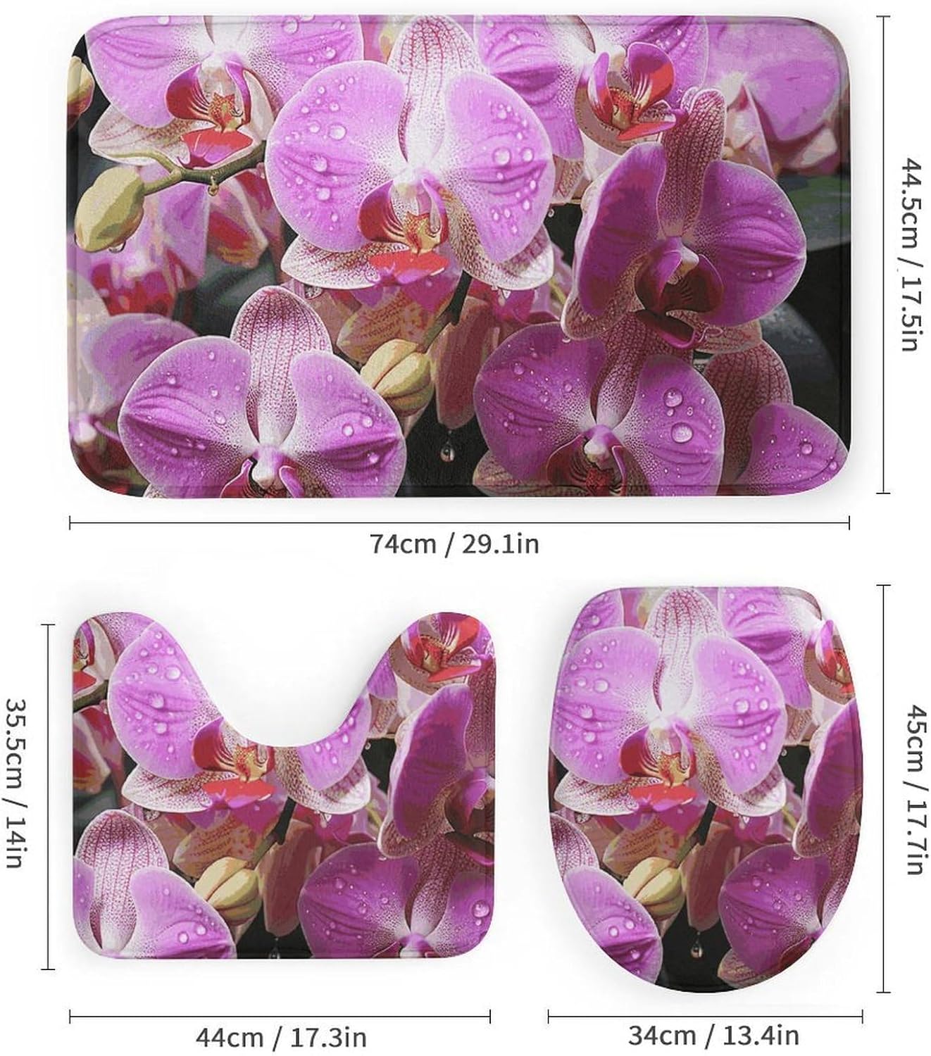 Orchids Shower Curtains Set 4 Piece with Non-Slip Rugs, Toilet Lid Cover and Bath Mat Soft Bathroom Carpet Waterproof Bathroom Curtain with 12 Hooks for Bathroom Decor