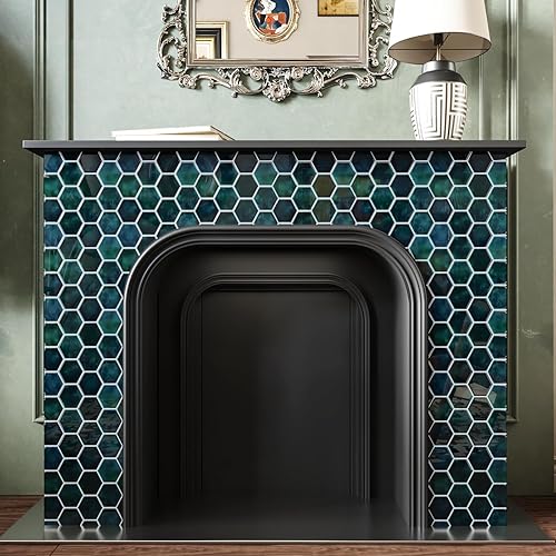 Miniatura 6 de CRE8TIVE 4 hojas de azulejos para despegar y pegar en muro para cocina, azulejos hexagonales de 12 x 12 pulgadas, color verde esmeralda,