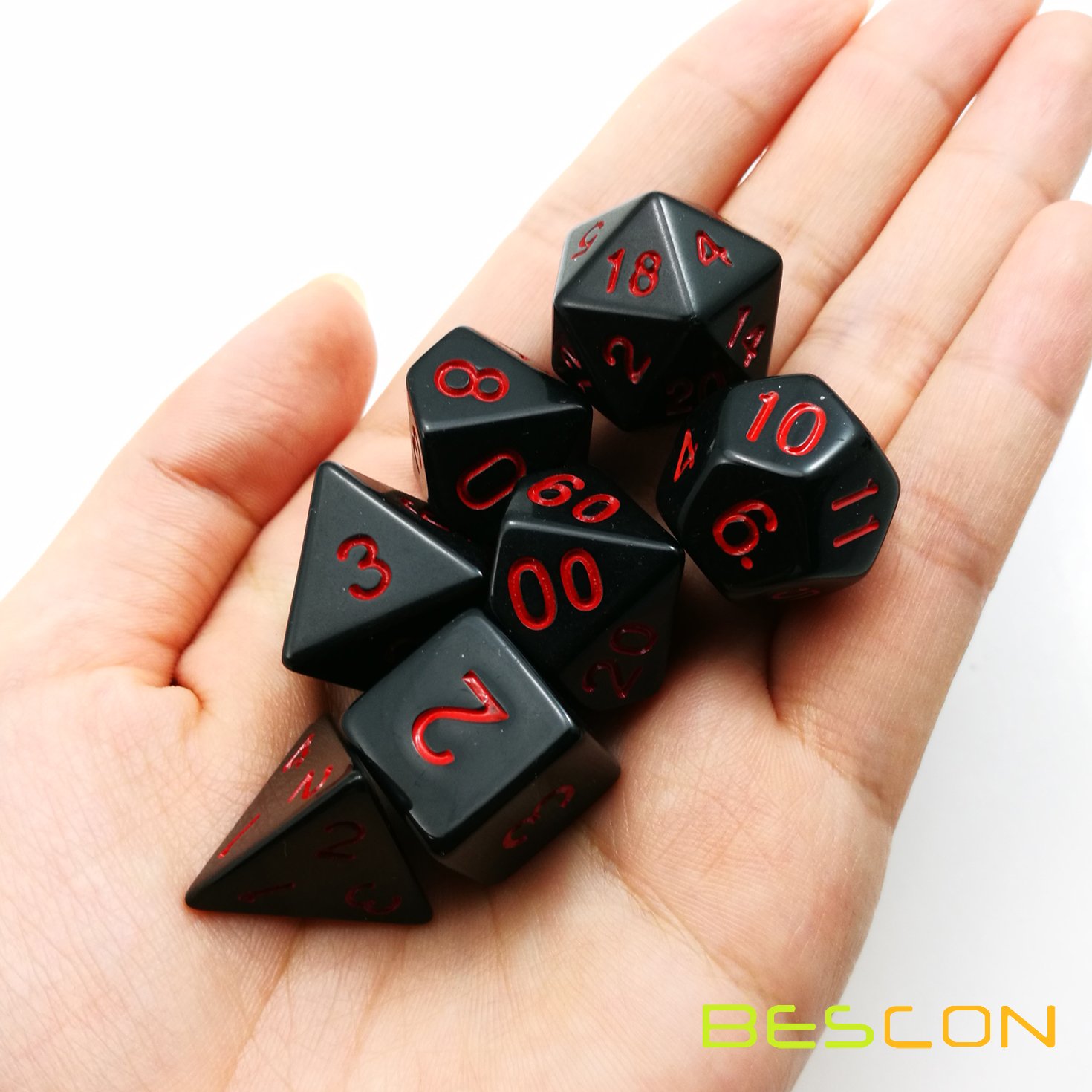 Bescon Polyhedral Dice Set Opaque Black with Red Numbers, Black RPG Dice Set of 7 d4 d6 d8 d10 d12 d20 d% Brick Box Pack