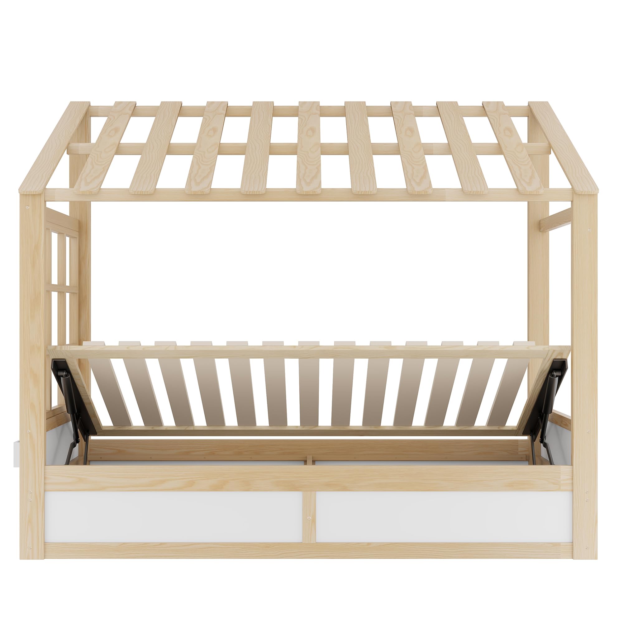Estructura Individual 90x200 Estructura de Madera con Almacenamiento bajo la Superficie y Compartimentos Laterales Elevación Hidráulica con Techo y Ventanas para Vivienda Blanca