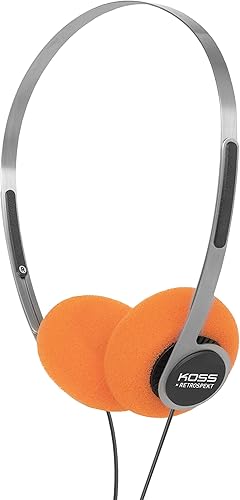 Koss x Retrospekt P21 - Auriculares retro en la oreja, espuma naranja retro, diadema ajustable, enchufe con cable de 0.138 in, naranja negro y