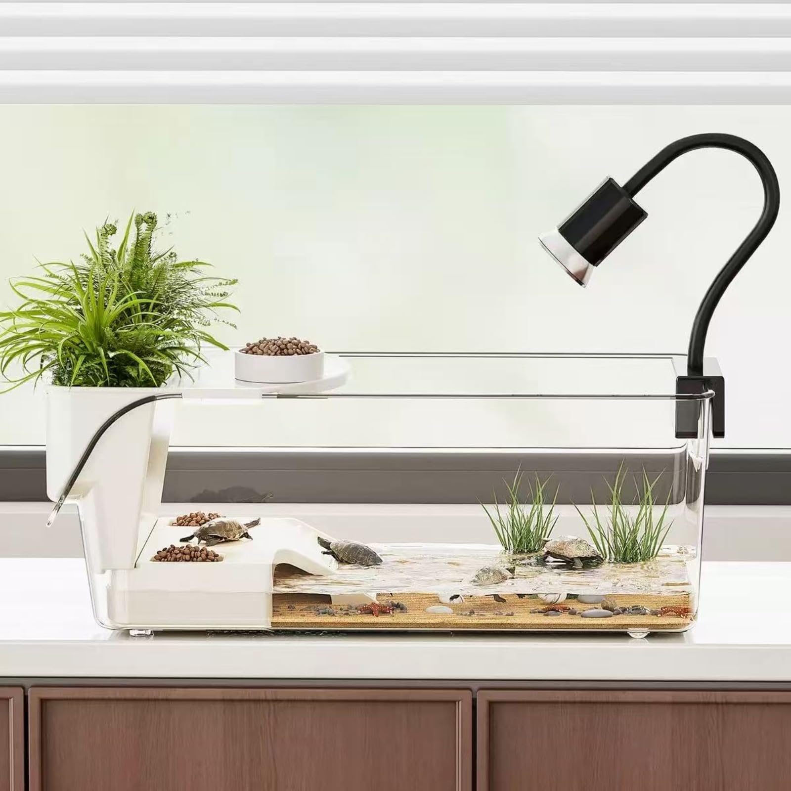 Terrario Grande con Plataforma para Terrario de Tortugas con Plataforma para Tomar el Sol y Rampa,Tanque Transparente para Tortugas Recinto para Reptiles， Cangrejos y Pequeños Peces,
