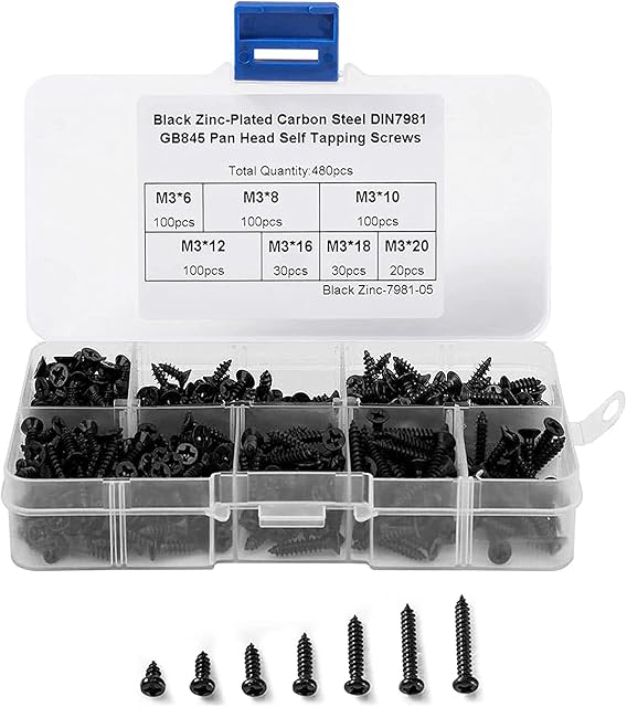 Self Tapping Screw Assortment Kit 480 Pcs/7 Sizes, M3 304 Stainless Steel Wood Screw Phillips Flat Head, Drywall Screws Kits for Plastic Wood Soft Metal