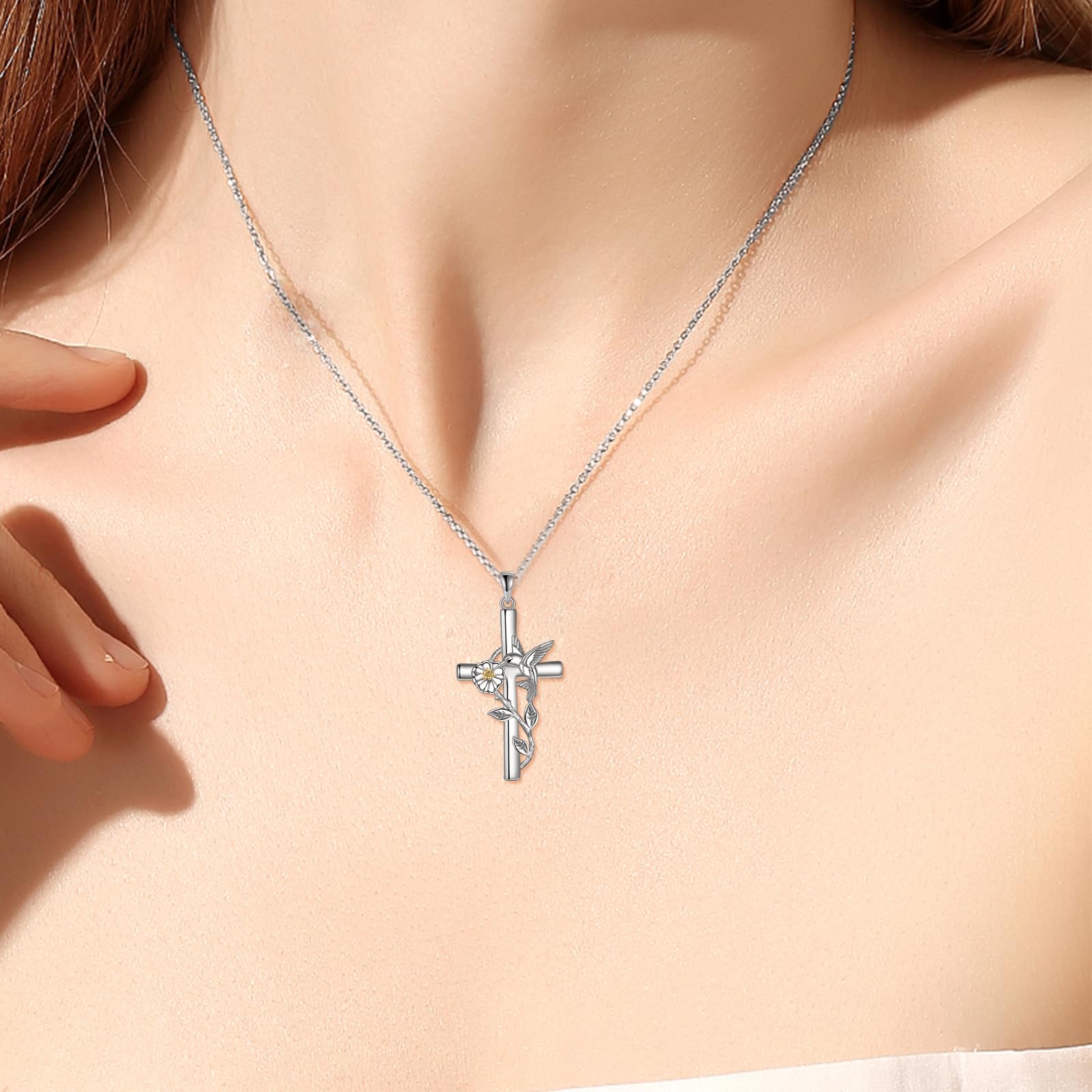 YFN Collar de colibrí para mujer, plata de ley, cruz, colibrí, collar de margarita, regalos para niñas