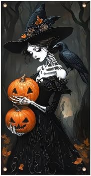 BlissYard Halloween Door Cover Pumpkin Skeleton Witch 35 x 71 Inch