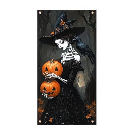 Skeleton Witch Holding Pumpkins Door Cover Halloween Decorations 35x71 Inch