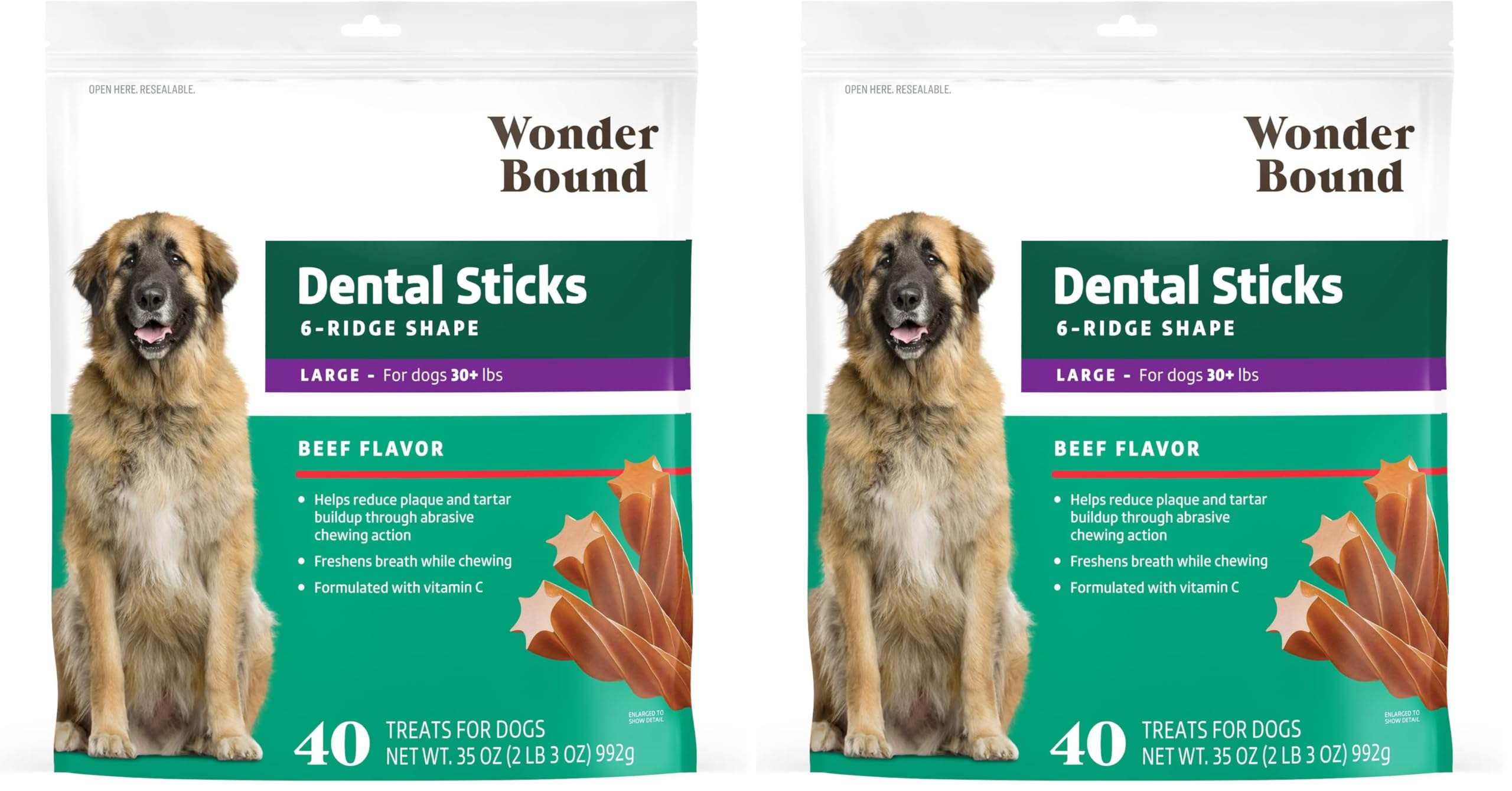 Wonder Bound Beef Flavor Dental Sticks for Large Dogs (Over 30 lbs), 6-Ridge Shape for Plaque &amp; Tartar Control, Freshens Breath, Formulated with Vitamin C, 40 Count (Pack of 2)