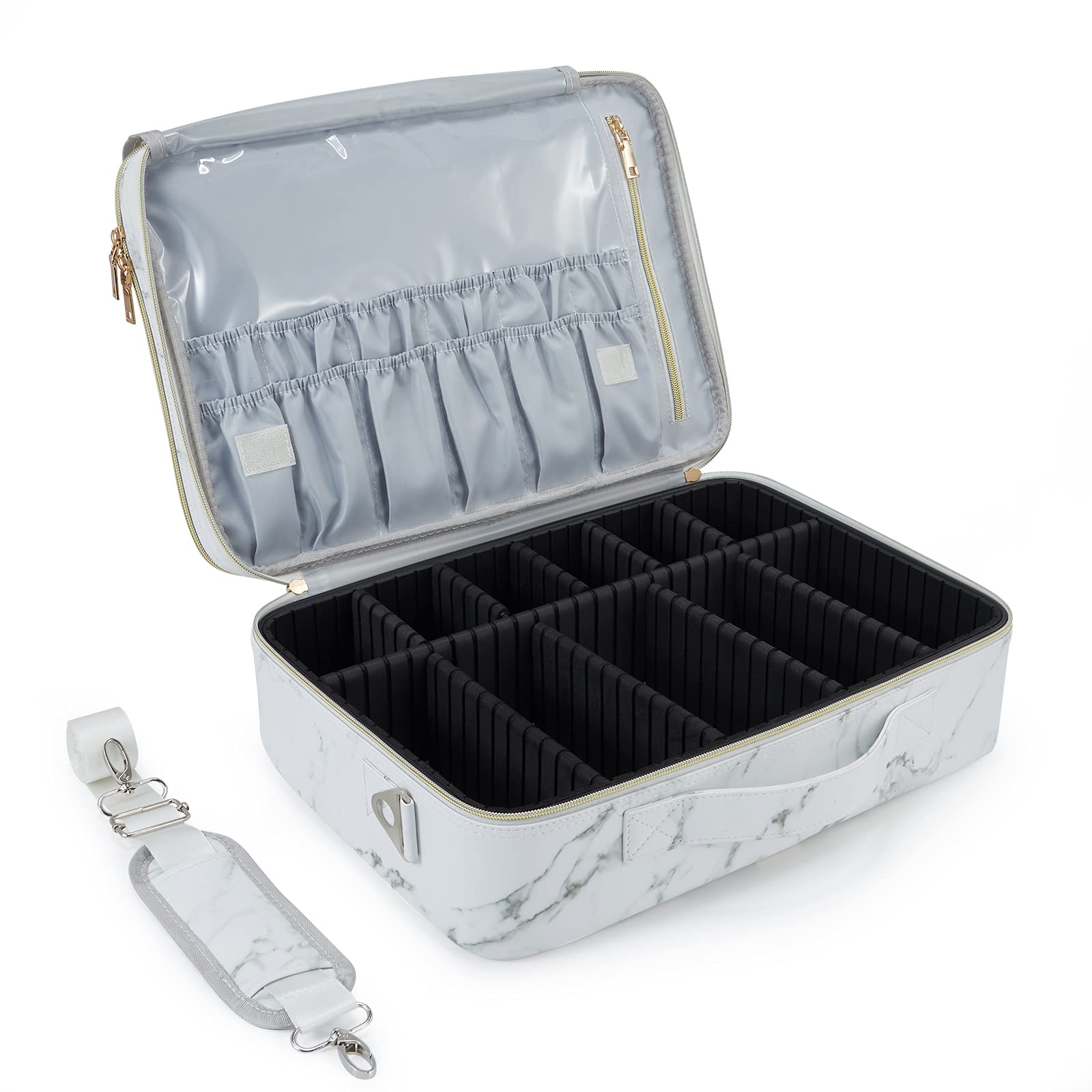 Joligrace Large PU Leather Professional Makeup Bag with Removable Back Strap Cosmetic Case Beauty Box Hairdressing Tools Organiser Storage Box, Marble