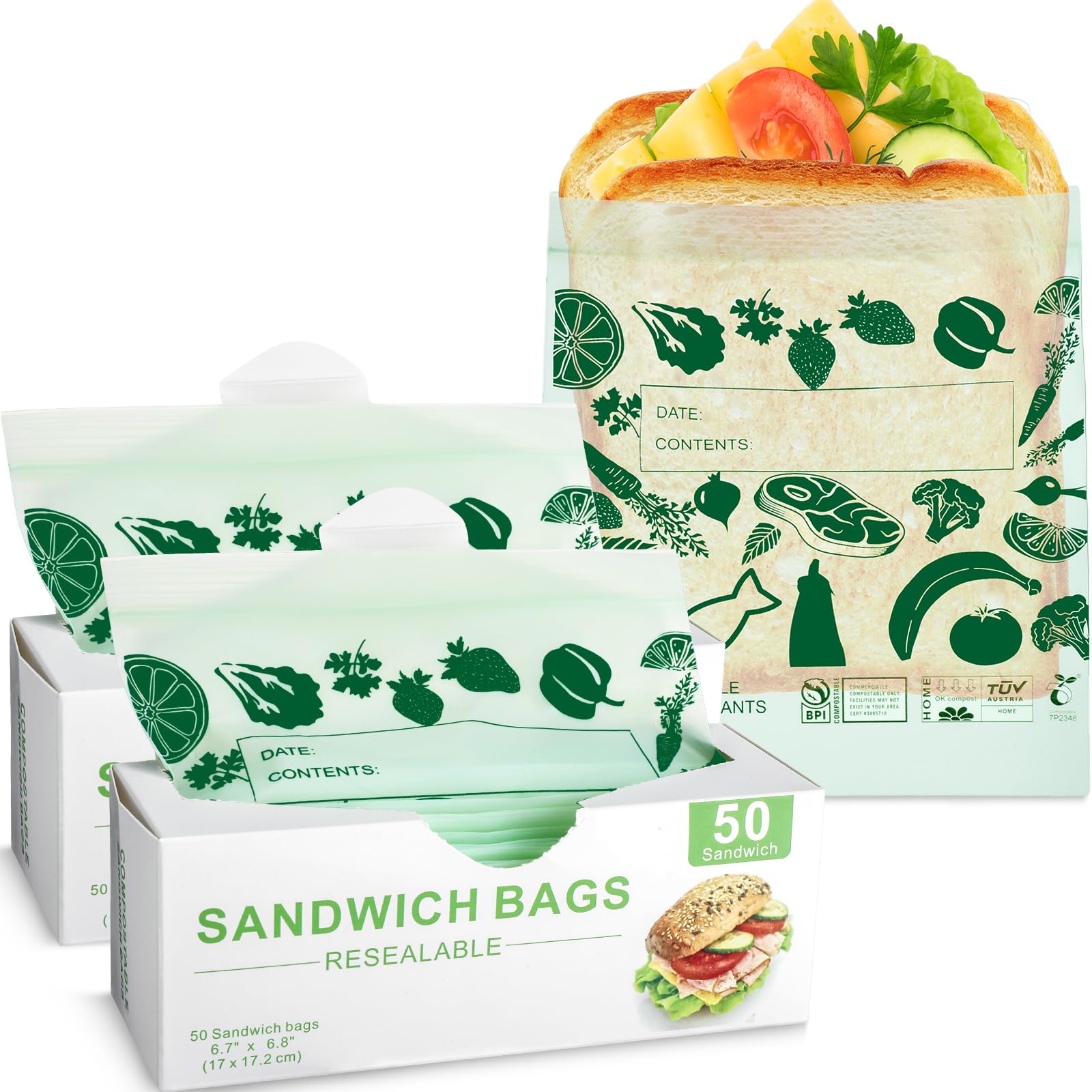 Gueevin 100 Pcs Compostable Sandwich Resealable Bag Bulk Compostable Food Storage Bags Reusable Green Sandwich Bags Plant Based Freezer Safe Suitable for Lunches and Snacks