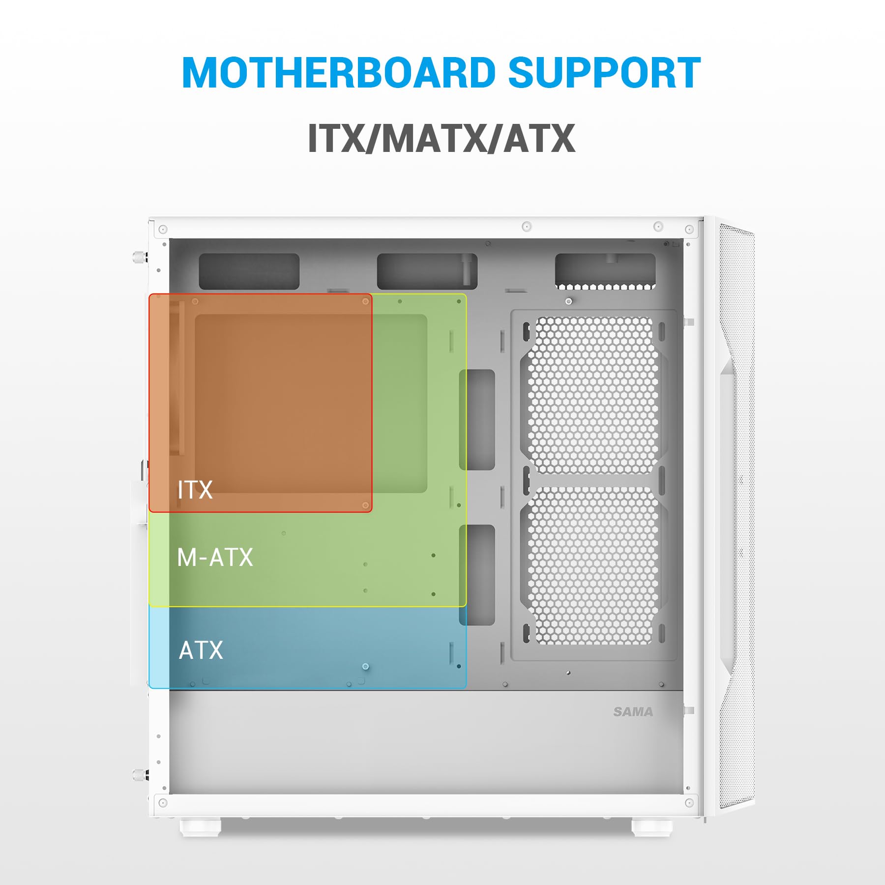 SAMA Obudowa PC S40 Mid Tower – panel przedni z siatką o wysokim przepływie powietrza, panel boczny ze szkła hartowanego, 4 x 120 mm wentylatory ARGB PWM, obsługuje płyty główne ATX/M-ATX/ITX i GPU