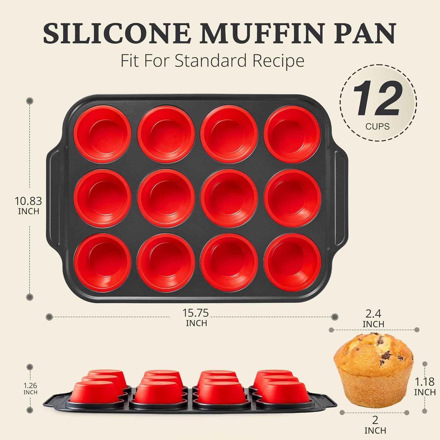 BRONYPRO Silicone Muffin Pans for Baking with Metal Frame, Egg Bite Molds, Cupcake Pans 12 Regular Size, Muffin Tins Easy to Pop Nonstick Non Toxic Bakeware for Oven, Red - Image 7