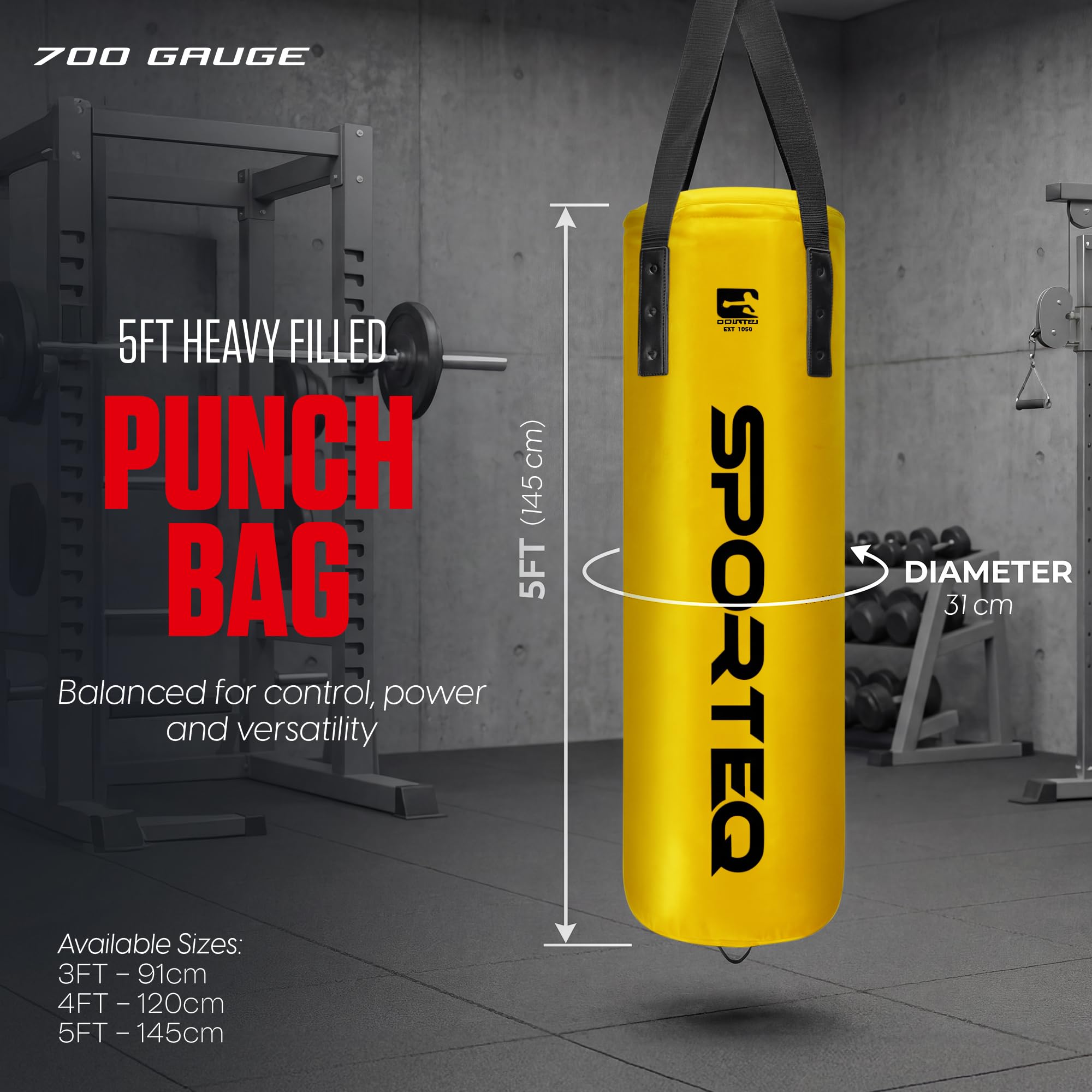 Dyno - Sacco da boxe imbottito pesante per tutte le età e generi | Anello in acciaio per appendere e fissare il pavimento | Boxe, arti marziali, uso domestico e commerciale in palestra