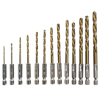 Hex-Shank Drill Bit Set, HSS Titanium Coated Twist, 13Pcs | High Speed Steel, For Metal Wood Plastic Aluminum Thin Iron, Quick Change, Regular Drilling Tools